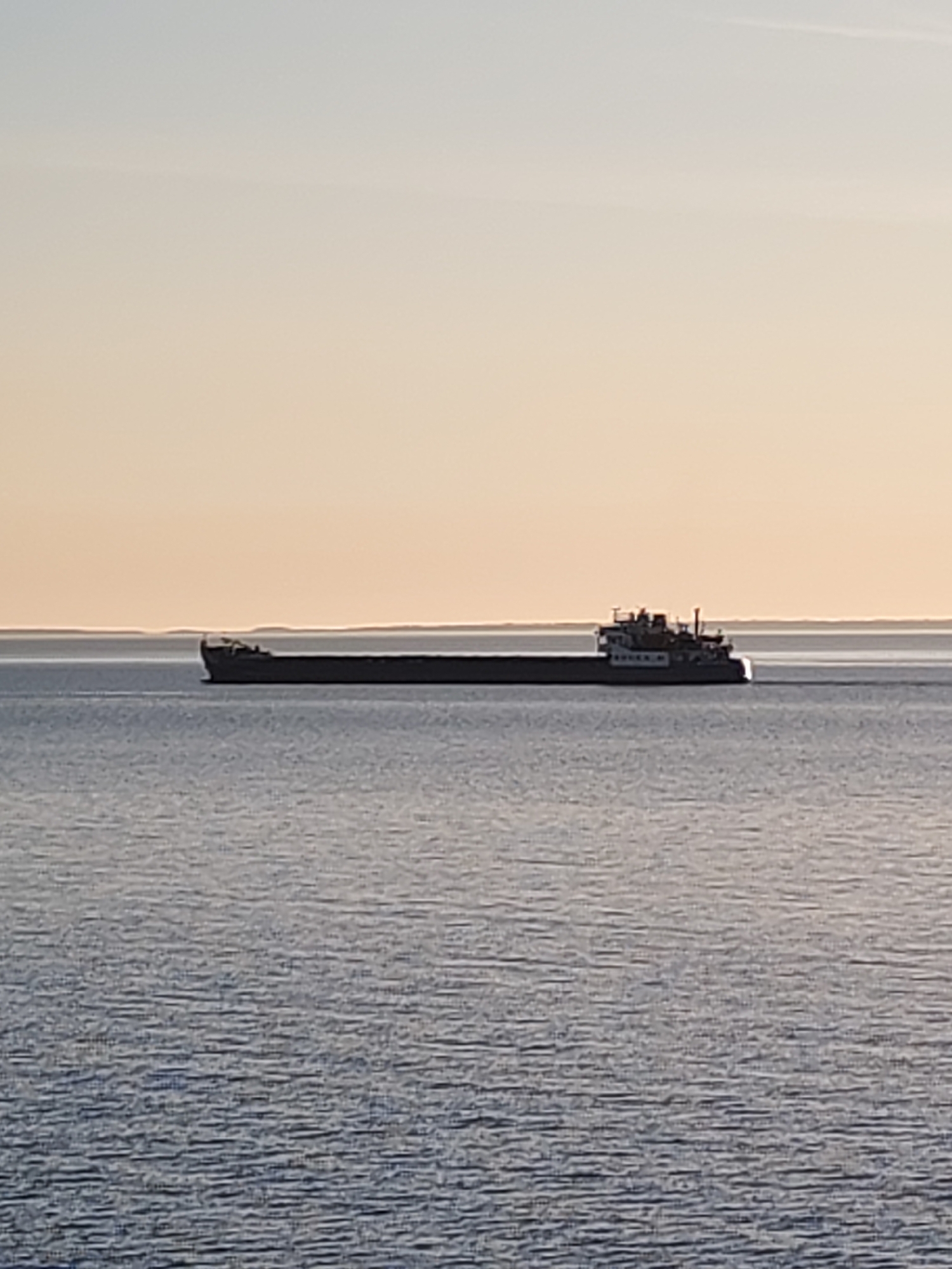 A long cargo ship is on the water on a calm day in Ozernoe Ust'e, Russia. The sky is a pale gradient of blue and cream. The water stretches to the horizon with gentle ripples. The ship is dark, with a lighter-colored structure at the stern. A faint landmass is visible on the horizon.