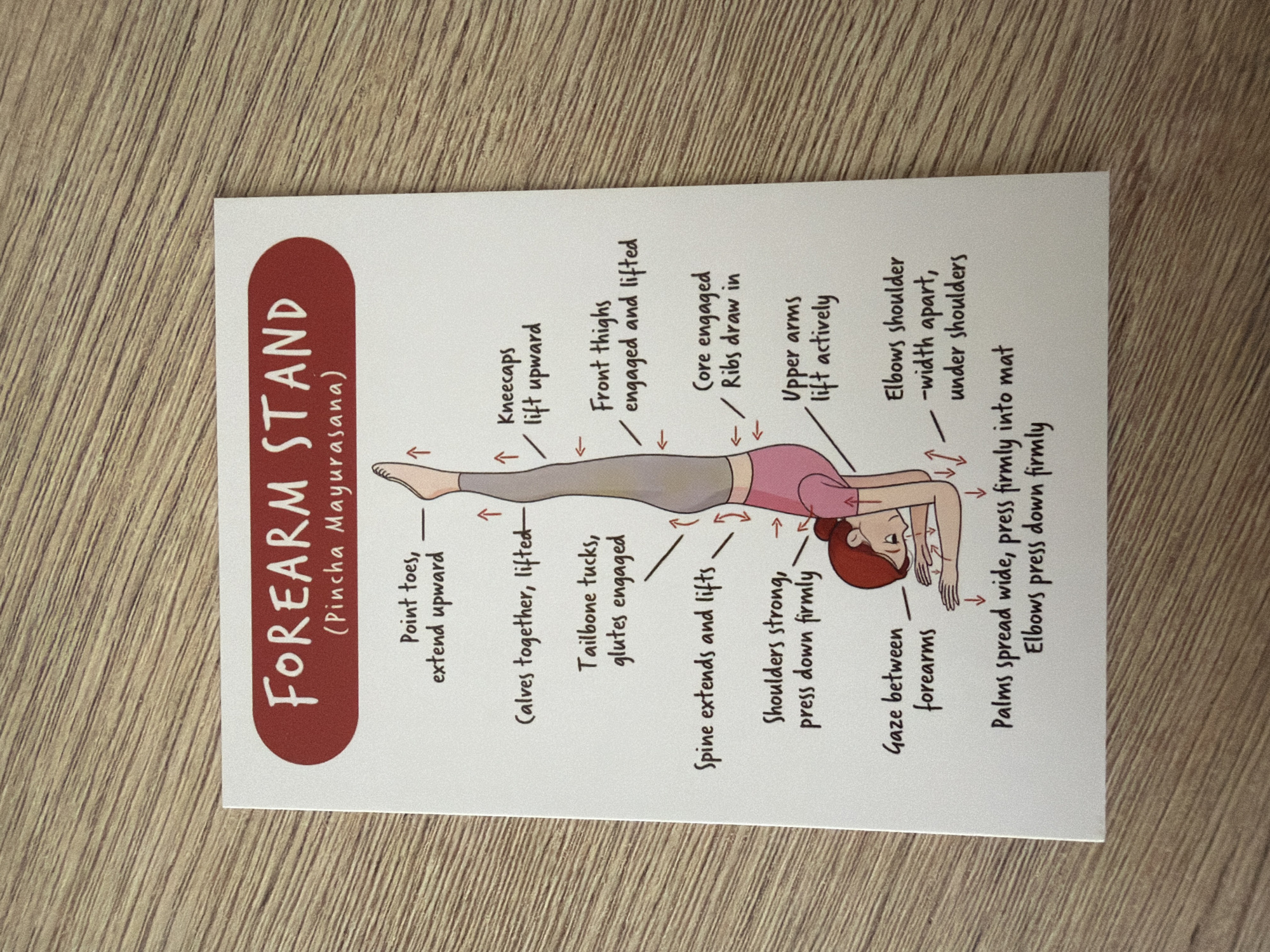 The image is a yoga pose illustration titled "FOREARM STAND (Pincha Mayurasana)". It depicts a person in a handstand pose supported by their forearms. The illustration is accompanied by text labels pointing to different parts of the body and muscles, with instructions such as "Point toes, extend upward," "Calves together, lifted," "Tailbone tucks, glutes engaged," "Spine extends and lifts," "Shoulders strong, press down firmly," "Gaze between forearms," "Palms spread wide, press firmly into mat," "Elbows press down firmly," "Kneecaps lift upward," "Front thighs engaged and lifted," "Core engaged / Ribs draw in," and "Upper arms lift actively." The illustration is on a card placed on a wooden surface. There is no information about the city of Pazardzhik, Bulgaria, present in the image.