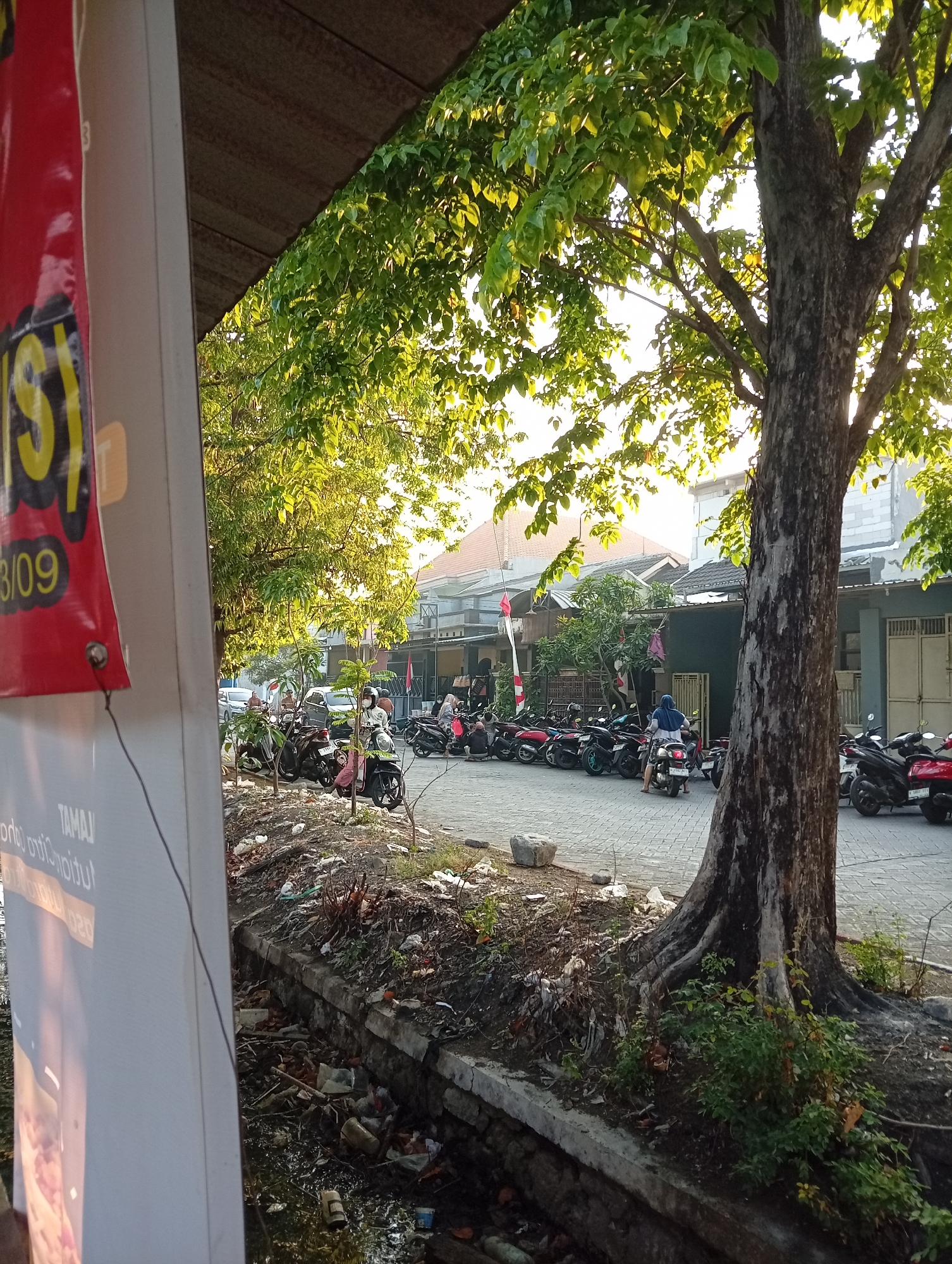 The image captures a street scene in Bligo, Indonesia, characterized by a row of parked motorcycles and a large tree with visible roots dominating the foreground. A red banner with yellow text, partially obscured by a white surface, is visible on the left side of the frame. Sunlight filters through the leaves of the tree, illuminating the area and casting shadows. Several people are present, some riding or attending to motorcycles, while others are standing or walking. Buildings with awnings and windows line the street, suggesting a commercial or residential area. A small, debris-filled canal runs along the edge of the street, bordering the area where the tree and its roots are situated. The overall impression is of a typical Indonesian street during daylight hours.