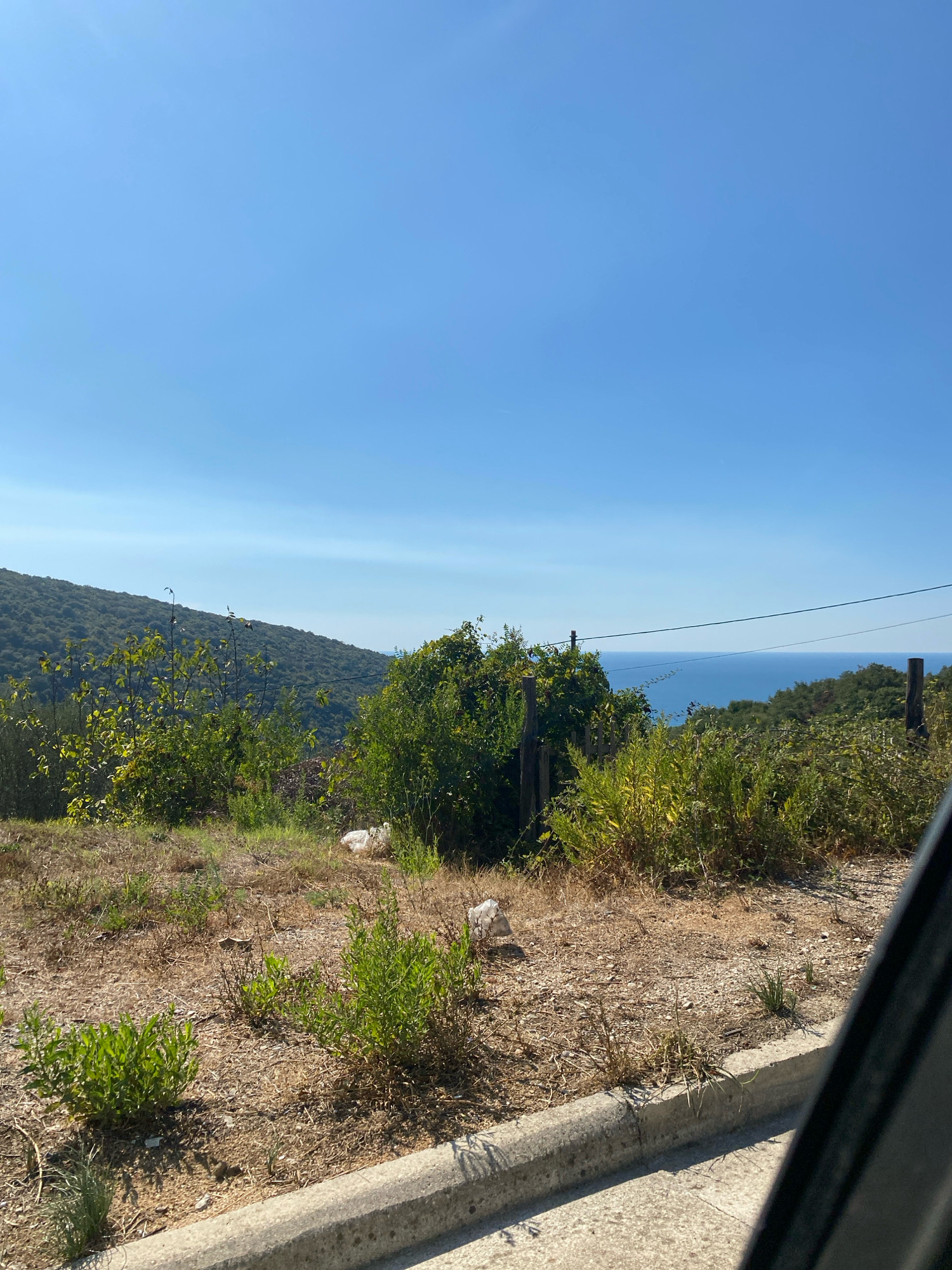 The image depicts a scenic view overlooking the Adriatic Sea from a hillside in Kruče - Kërruçi, Montenegro. The foreground is characterized by dry, sparse vegetation and gravelly ground, with a concrete curb indicating a roadside. In the mid-ground, a dense cluster of green bushes and trees grows, with some areas appearing more overgrown. A wooden fence post and wire can be seen amidst the foliage. Beyond the vegetation, the vast expanse of the blue Adriatic Sea stretches to the horizon, meeting a clear, pale blue sky. A distant, tree-covered hillside forms the backdrop on the right side of the frame, while a larger, more densely forested hill dominates the left side. The overall impression is one of a natural, somewhat untamed landscape under a bright, sunny sky.