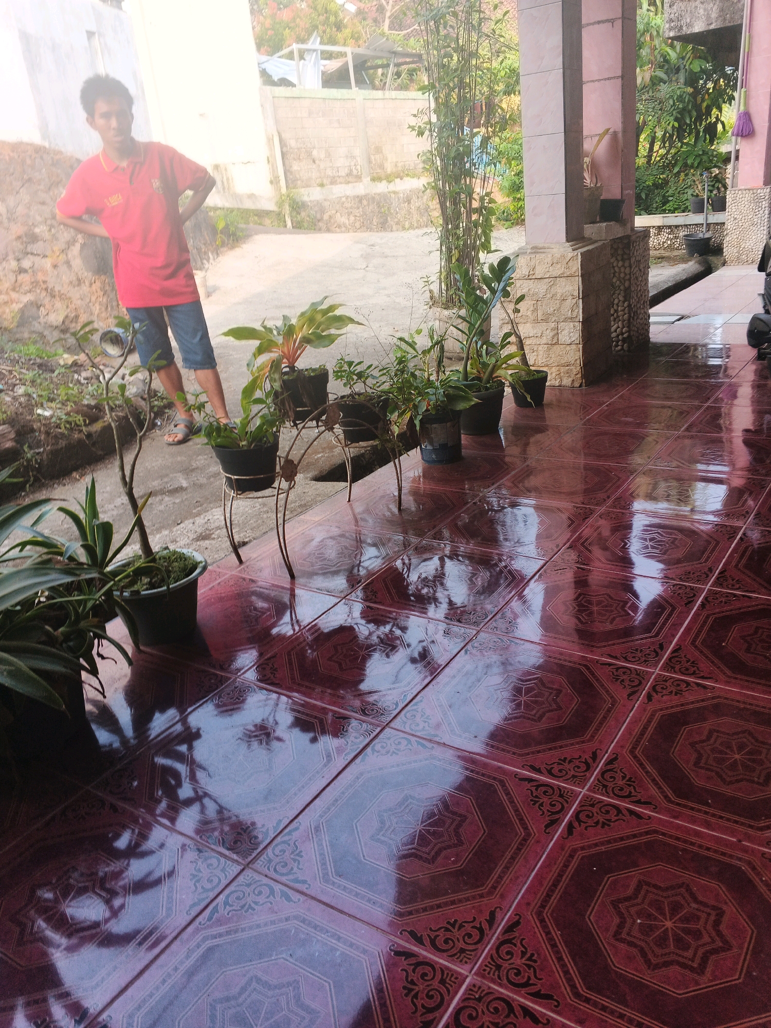 In Keji, Indonesia, a young man stands with his hands on his hips, wearing a red polo shirt and denim shorts. He is positioned outdoors on a tiled patio, which is reflective and appears wet. Several potted plants are arranged around the patio. In the background, a building with a pink facade and stone accents is visible, along with a wall and some vegetation. The lighting suggests it is daytime, possibly late afternoon, with soft sunlight casting shadows.