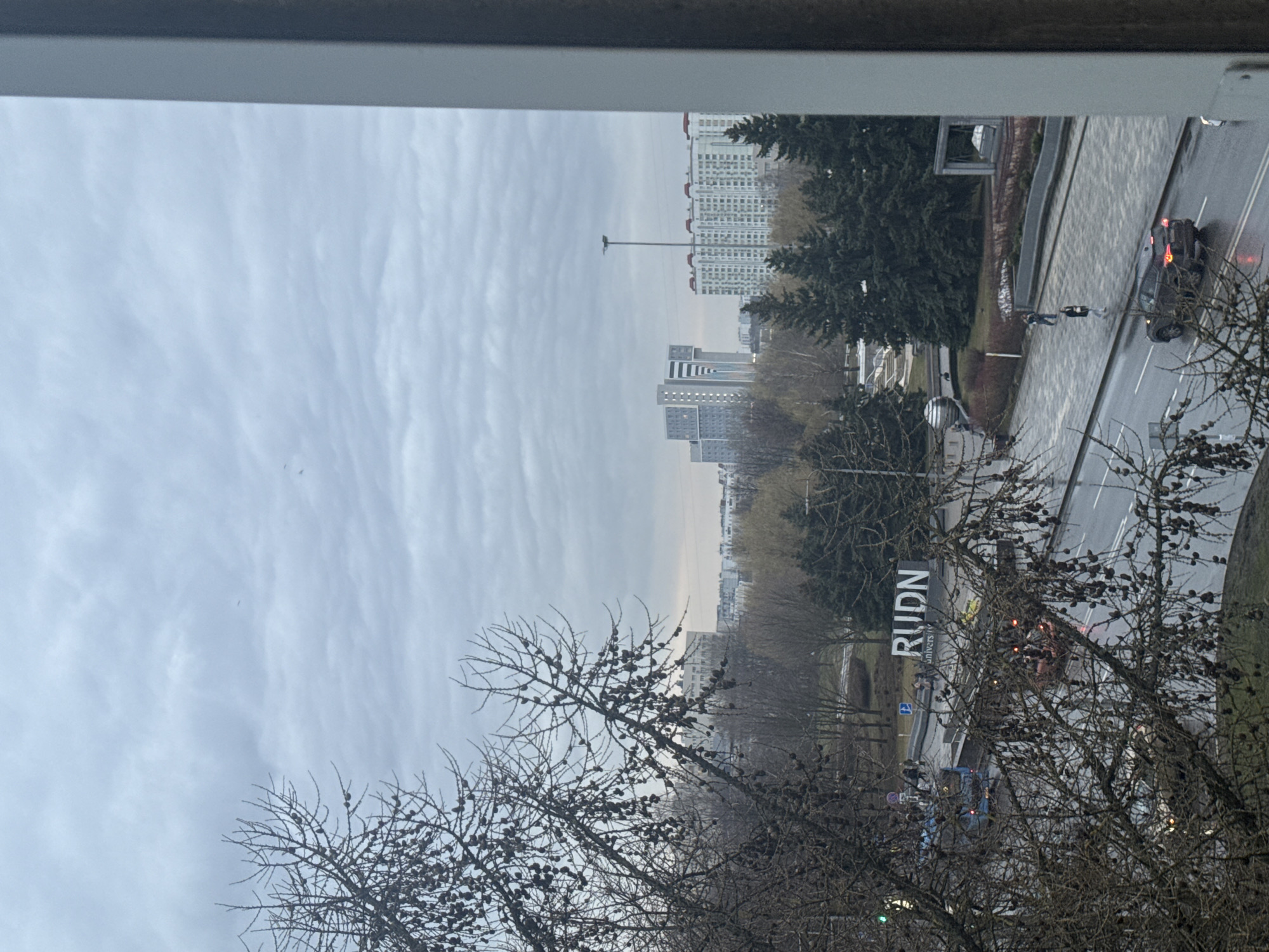 The image depicts an overcast day in Moscow, Russia, as viewed from an elevated position, likely a window. A prominent feature in the middle ground is a sign for "RUDN University." Several high-rise buildings are visible in the background, under a cloudy sky. In the foreground, bare tree branches obscure parts of the view. A road runs through the middle ground with vehicular traffic and pedestrians. The road appears wet, suggesting recent or ongoing rain.