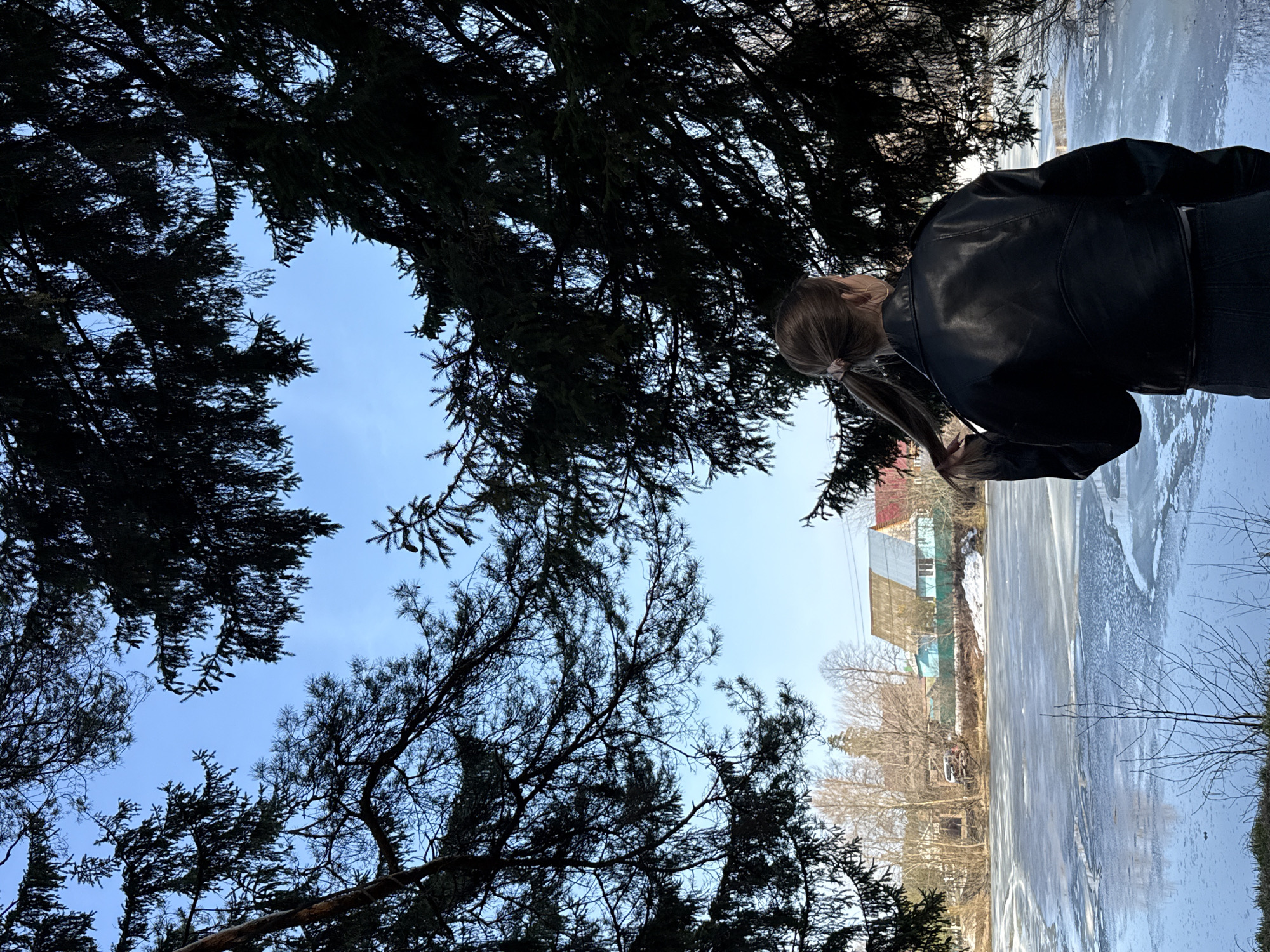 A woman with light brown hair pulled back into a low ponytail stands near a partially frozen body of water, possibly a river or lake. She is wearing a black leather jacket. The view is partially obscured by the silhouettes of evergreen trees framing the sky. In the background, there are buildings with distinctive red and green roofs suggesting a residential area. Based on these features, the location is likely Chaikovsky, Russia, where such architectural elements and winter landscapes are common. The angle suggests the image was taken from a low perspective, looking up. The environment suggests a cold time of year.