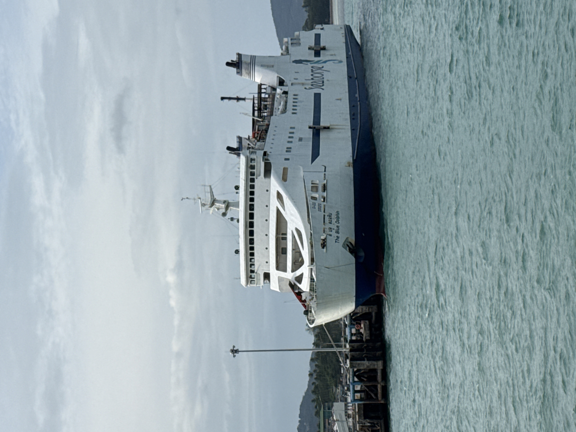 A large white ferry, named "The Blue Dolphin" and also displaying the word "Seahorse" on its side, is docked at a pier. The ferry has multiple decks and appears to be a car ferry, given its design. The pier is made of weathered wood and pilings. In the background, there is a lush green hillside with trees, suggesting a tropical or sub-tropical location. The water is a calm, greenish-blue. The sky is overcast with a soft, diffused light. The scene appears to be in a port or harbor area in Ko Samui District, Thailand, likely a transportation hub for island travel. There are no people clearly visible in the image.