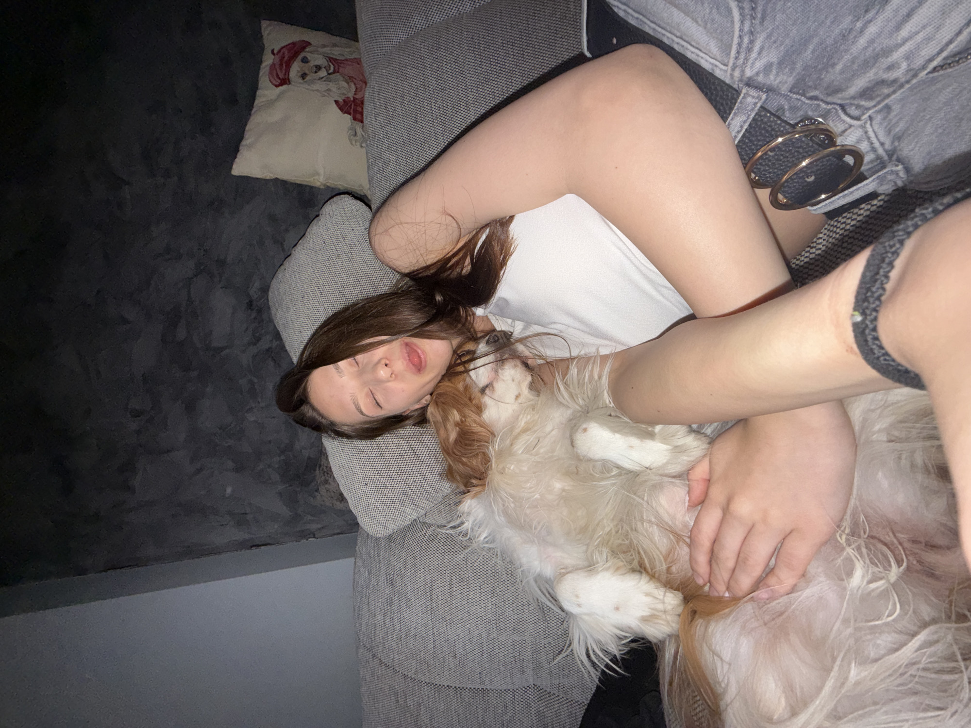 A woman is lying on a gray couch, hugging a dog. The woman has brown hair and is wearing a white top and gray shorts. The dog is primarily white with some brown markings and is lying on its back, being petted by the woman. A decorative pillow with a drawing is visible on the couch. The background shows a dark gray wall. The location is not identifiable as Sofia, Bulgaria, based on the visual information available.