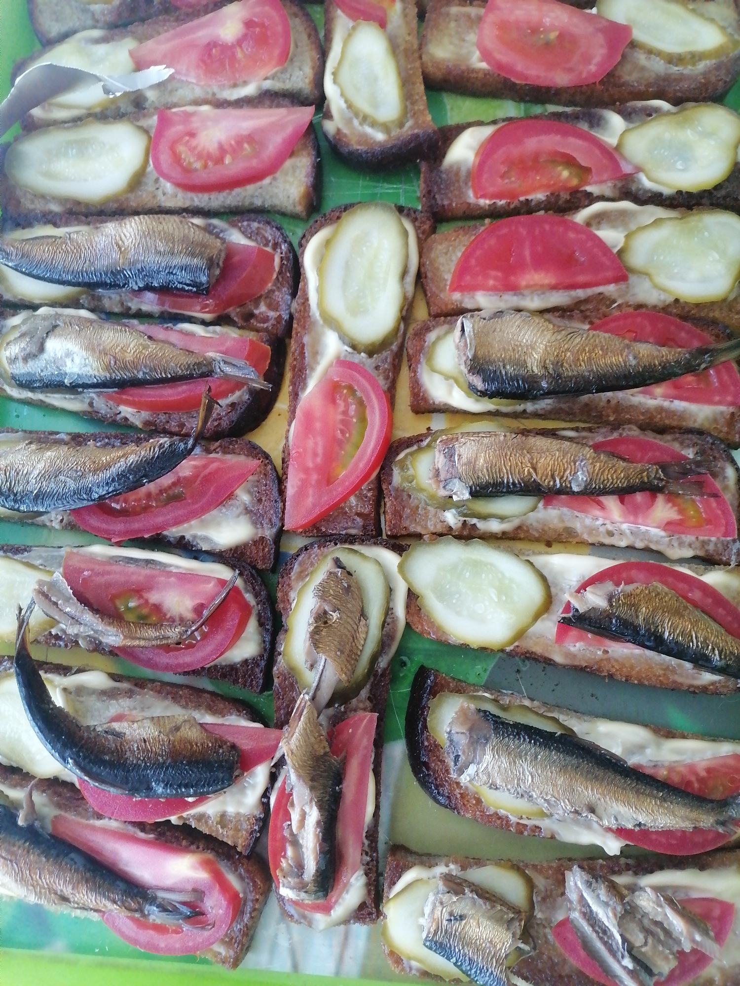 The image displays a close-up, top-down view of a tray filled with open-faced sandwiches. Each sandwich consists of a slice of dark bread topped with mayonnaise, a slice of tomato, a slice of pickle, and one or more sprats (small, oily fish). The sprats appear to be whole or broken into pieces, with some showing visible heads and tails. The sandwiches are arranged in rows and columns, with some overlapping slightly. The tray itself is a greenish-yellow color, suggesting it might be plastic. The background is out of focus but appears to be a solid color, possibly a tablecloth or counter. There is no indication of the city of Pecherniki, Russia, in the image itself. The lighting is consistent and appears to be artificial, as there are no strong shadows. The overall scene depicts a prepared food item, likely a snack or appetizer.