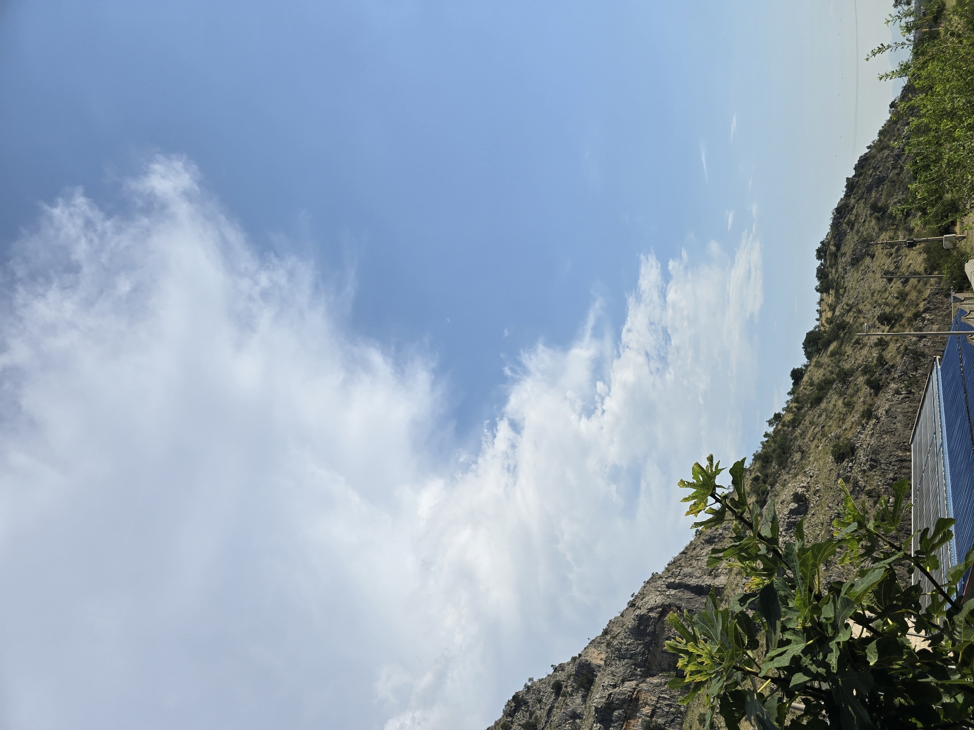 The image captures a daytime scene with a focus on a rocky mountainside under a partly cloudy blue sky. The mountain slope is covered in sparse vegetation and appears rugged. In the foreground, a fig tree with lush green leaves is prominently featured. Below the fig tree, a section of a building with a blue, possibly solar panel-covered roof is visible. The background shows more of the mountainous terrain and a hazy horizon. The scene suggests an outdoor environment likely on the outskirts of a settlement, given the presence of the building and utility poles. The location is identified as Podgorica, Montenegro. There are no people or animals visible in the image, nor any discernible actions or interactions.