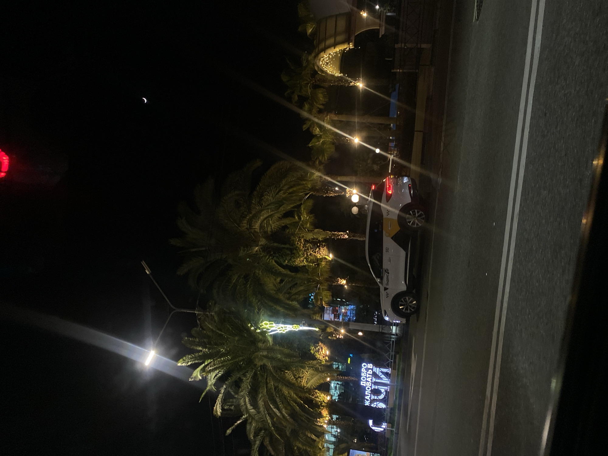The image presents a vibrant nighttime street scene in Sochi, Russia. The setting is dark, with a clear crescent moon visible in the upper left portion of the sky.
The scene features a street lined with numerous large palm trees, their dark silhouettes and fronds partially illuminated by various light sources. Bright streetlights cast strong beams across the scene, and decorative string lights adorn some of the trees and architectural structures in the background, creating a festive atmosphere.
On the right side of the asphalt road, a white and yellow car, identified as a "Яндекс Go" (Yandex Go) taxi by its visible branding and the number "512", is parked or driving. The road itself has distinct white double solid lines marking the lanes.
Further in the midground, nestled among the palm trees and buildings, is a large illuminated sign. The text on the sign, written in Cyrillic, clearly reads "ДОБРО ПОЖАЛОВАТЬ В" (Welcome to), followed by a partially obscured word that appears to be "СОЧИ" (Sochi). Buildings behind the trees are also dimly lit, contributing to the urban night ambiance. No people are visible in the image.