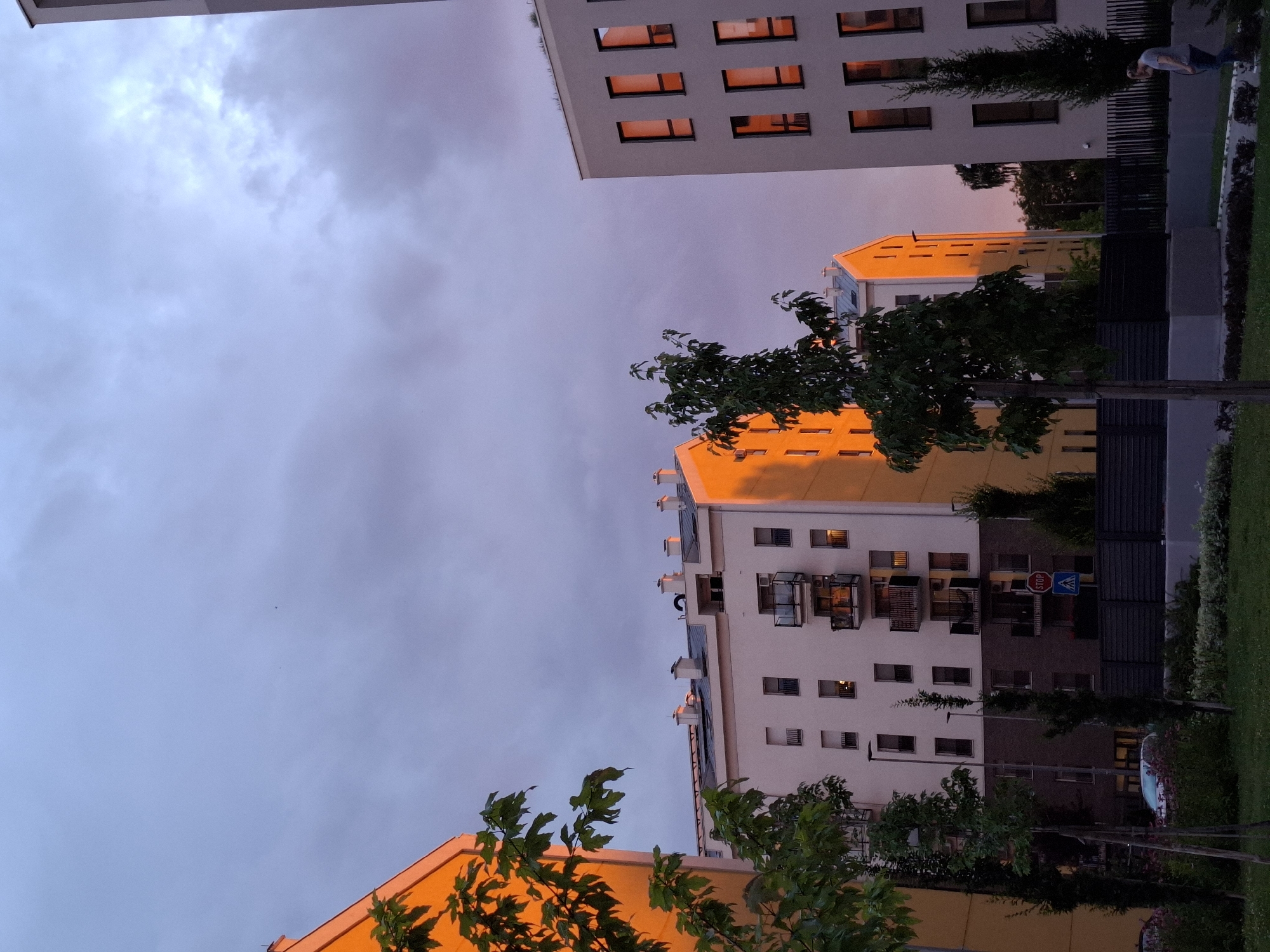 The image shows a view of modern apartment buildings in the Zemun Urban Municipality, Serbia, during sunset. The sky is a gradient of purple and orange, with scattered clouds. The buildings are contemporary in design, with large windows and balconies. Some of the buildings are illuminated by the warm glow of the setting sun, creating a stark contrast with the cooler tones of the sky and other structures. Green trees and foliage are visible in the foreground and between the buildings, adding a touch of nature to the urban landscape. A few people are present, including one individual standing on a pathway in the lower right corner of the frame. The scene appears to be a residential area, likely a new development, with a mix of architectural styles.