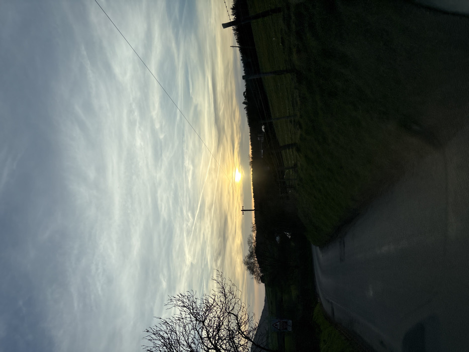 The image depicts a rural landscape scene at dusk or dawn in Shelve, United Kingdom. A dark asphalt road curves from the lower left foreground towards the mid-distance. To the left, a bare deciduous tree partially obscures a white triangular road sign with a red border. Rolling green hills are visible in the background on the left. On the right, a steep, dark green grassy bank is present, bordered by a wooden post and wire fence. Beyond the fence, a field leads to a treeline silhouetted against the horizon. A dark utility pole with cross arms stands silhouetted slightly left of the low-lying sun. The sky transitions from an orange-yellow glow at the horizon to a lighter blue, containing wispy white clouds and two visible aircraft contrails. A single dark wire extends diagonally across the upper sky. No individuals, animals, or vehicles are visible in the frame.