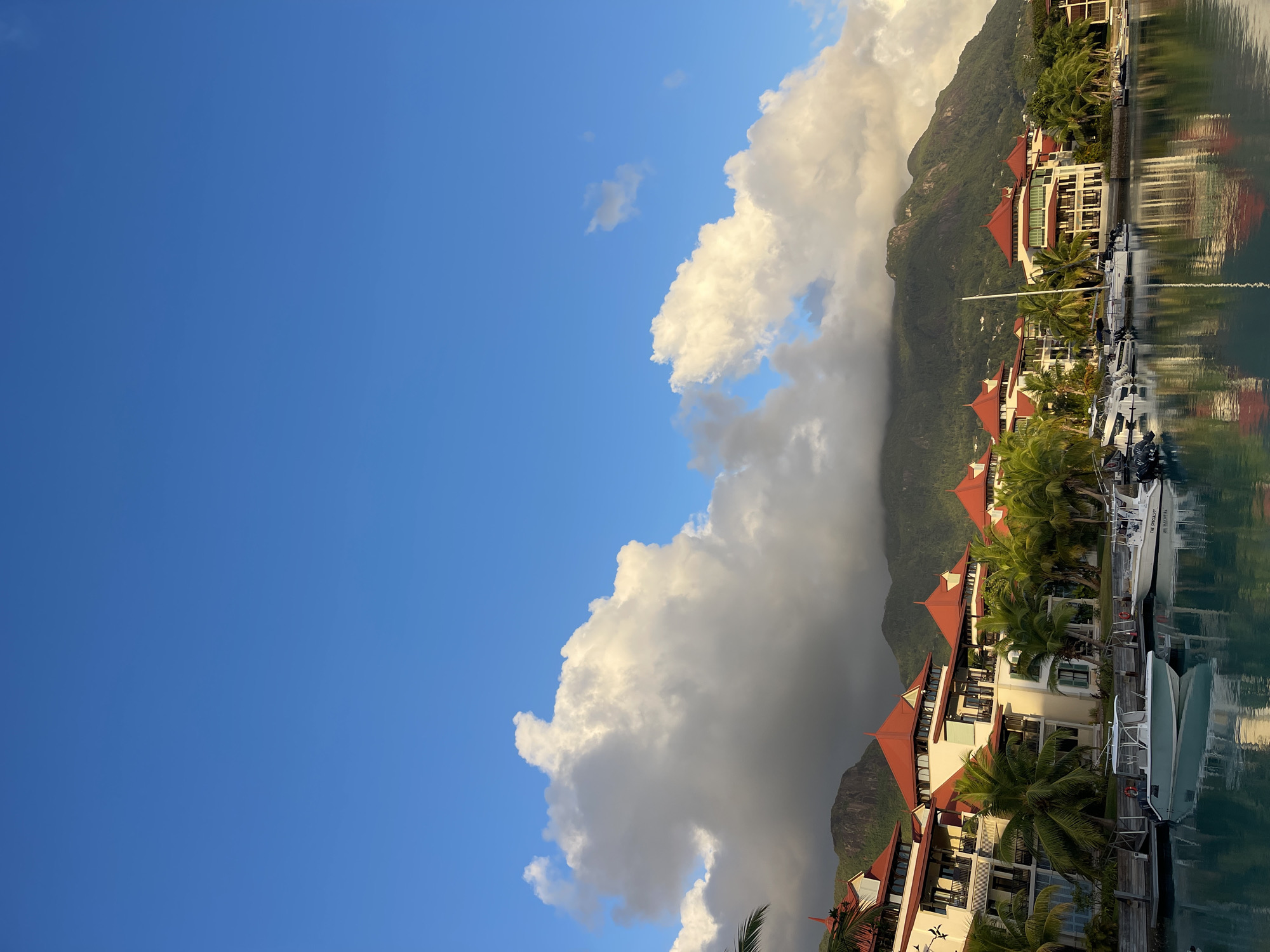 This is a photograph of a serene marina in the city of Victoria, Seychelles, at dusk. The sky above is a vibrant blue, with dramatic white and gray clouds casting shadows on the lush, green mountains in the background. The foreground features a tranquil body of water reflecting the sky and the surrounding architecture.
Along the waterfront, a row of multi-story buildings with distinctive red roofs stands prominently. These buildings, likely part of a resort or residential complex, are adorned with balconies and large windows. Palm trees with their fronds gracefully swaying are interspersed between the buildings and line the waterfront.
Docked in the marina are several boats of various sizes. Two white speedboats are particularly noticeable, one on the left with a light blue hull and another on the right bearing the inscription "THE SPECIALIST." A sailboat with a tall mast is also visible among the docked vessels. The water is calm, creating clear reflections of the buildings, boats, and the dramatic sky above. The overall scene evokes a sense of peacefulness and tropical luxury.