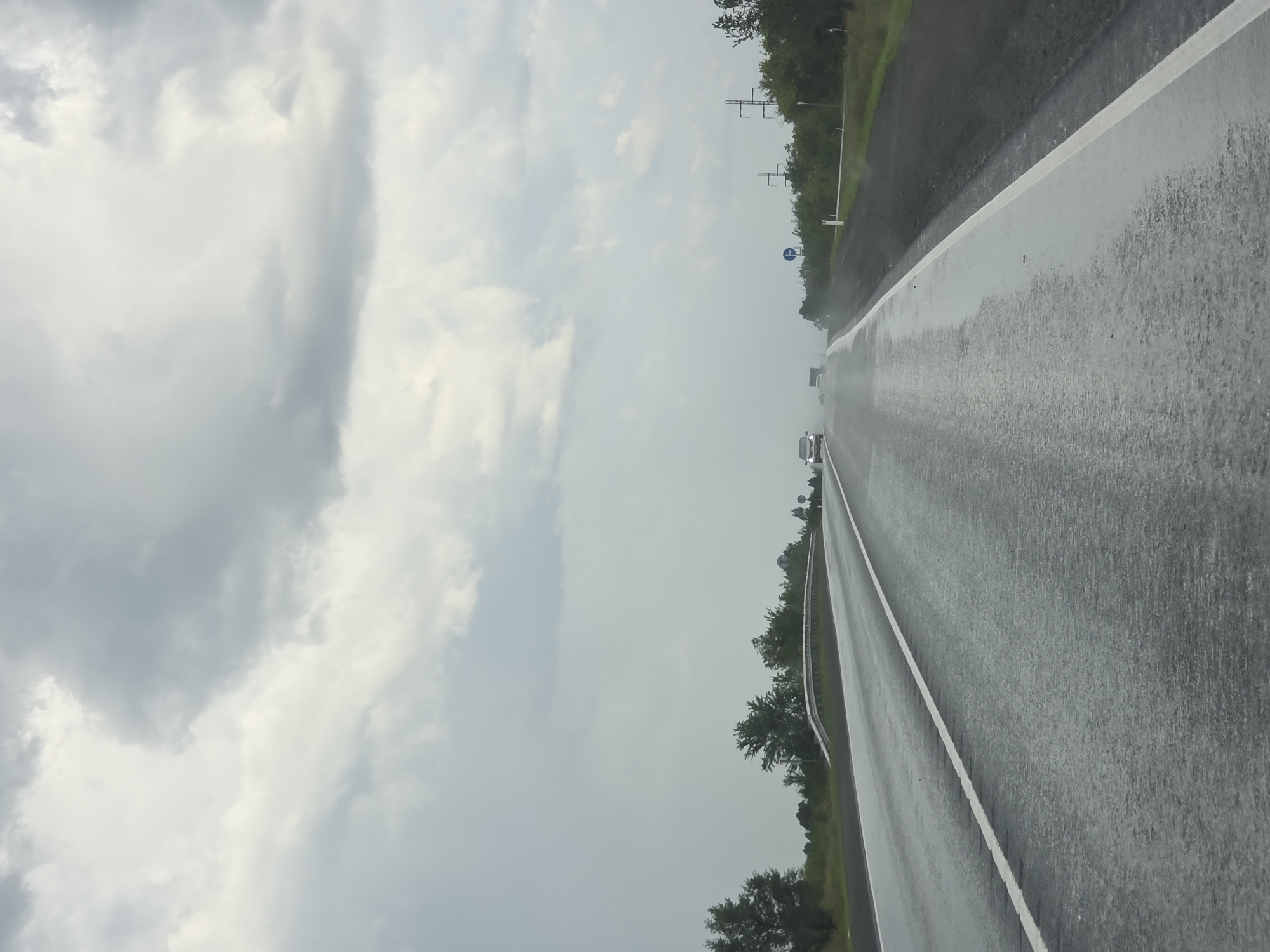 The image depicts a wet asphalt road in a rural setting, likely on the outskirts of Troitsk urban district, Russia. The road is divided by a white line, and there are several cars visible in the distance, some of which are kicking up spray, suggesting recent rain. The sky is overcast with heavy clouds. The roadside is lined with trees and vegetation, and in the background, there are power lines and poles. The overall impression is one of a dreary, possibly damp, day on a highway.