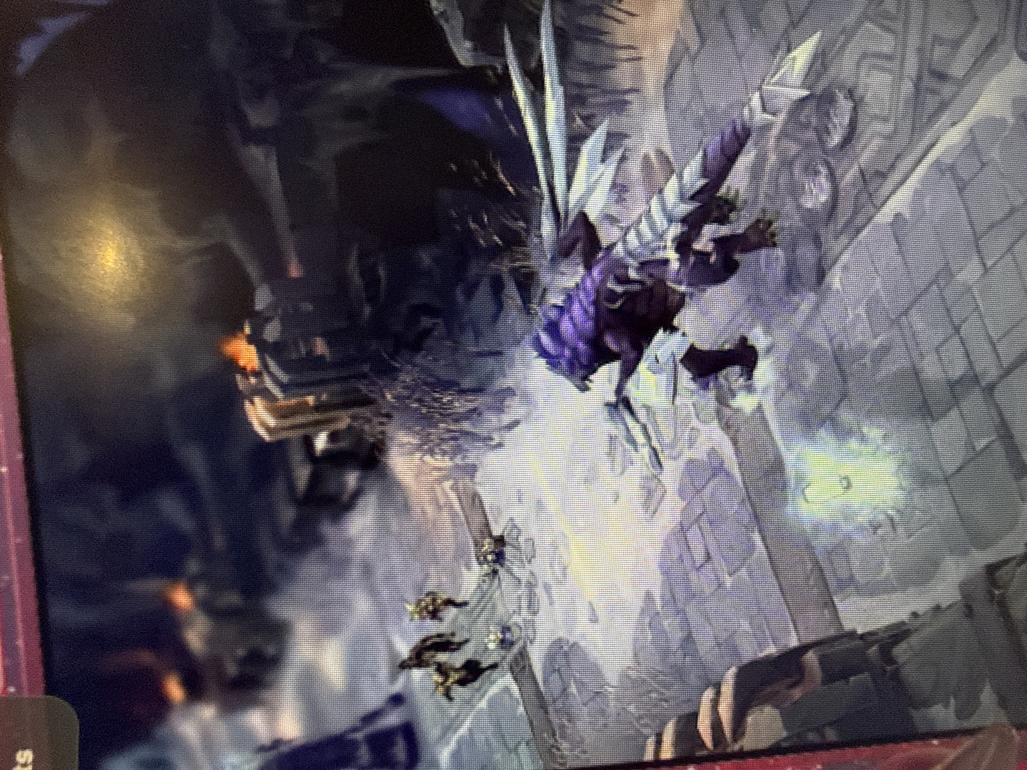 The image shows a scene from the video game "Diablo III." A large, winged, purple and grey creature dominates the right side of the image. Below it, three humanoid figures can be seen. In the background to the left, there is a darker, indistinct area with hints of orange light, possibly fire. The scene appears to be taking place in a ruined, stone structure. There is no evidence to suggest the image is located in Sofia, Bulgaria.