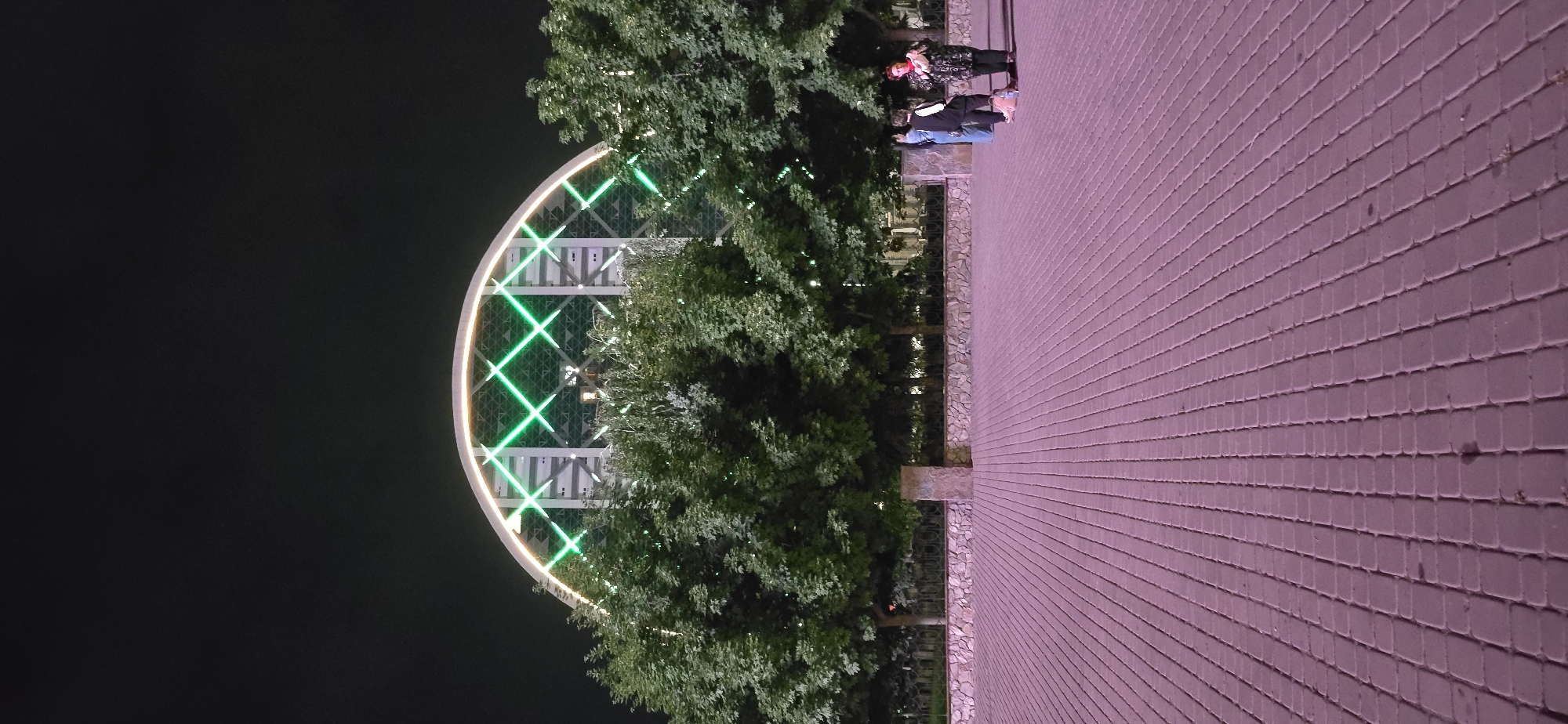 The image shows a view at night in Grozny, Russia, featuring a large, illuminated Ferris wheel partially obscured by trees. The wheel is lit with white and green lights, forming a cross pattern. To the right of the wheel and trees is a brick-paved path, and atop it, there are two people. The background on the left is dark, suggesting a nighttime setting. A low stone fence runs along the edge of the path. The image has been taken from a low angle and is rotated 90 degrees counterclockwise.