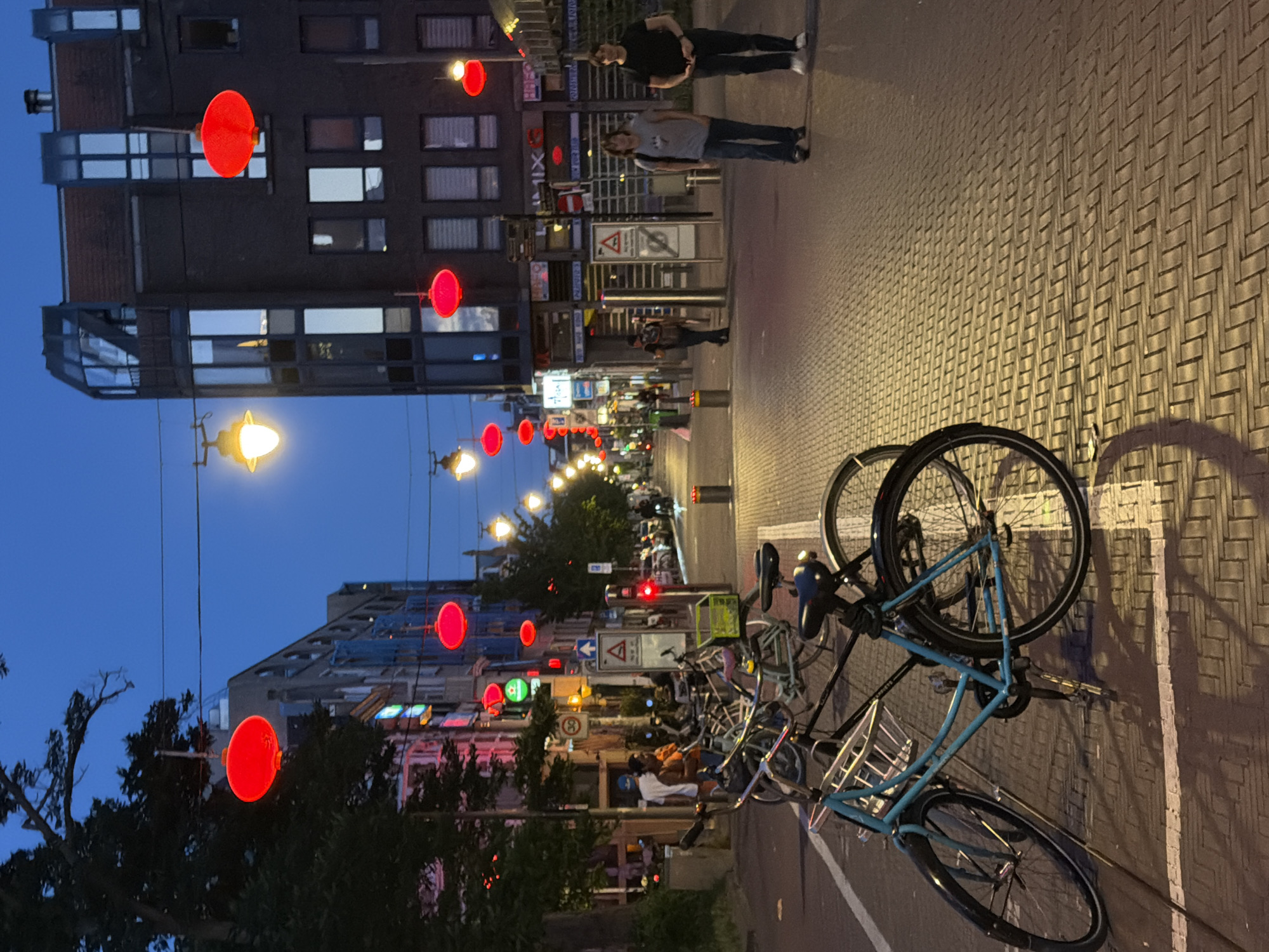 In The Hague, Netherlands, on a brick-paved street at dusk, red lanterns are strung across the sky above a row of buildings. The street is lined with parked bicycles, including a light blue one prominently in the foreground. Two individuals, a man and a woman, are walking on the street. The man is wearing a grey t-shirt and jeans, and the woman is in a black t-shirt and dark pants. Pedestrian and traffic signals are visible, indicating a functioning urban environment. The overall scene captures the ambiance of a city transitioning from day to night.