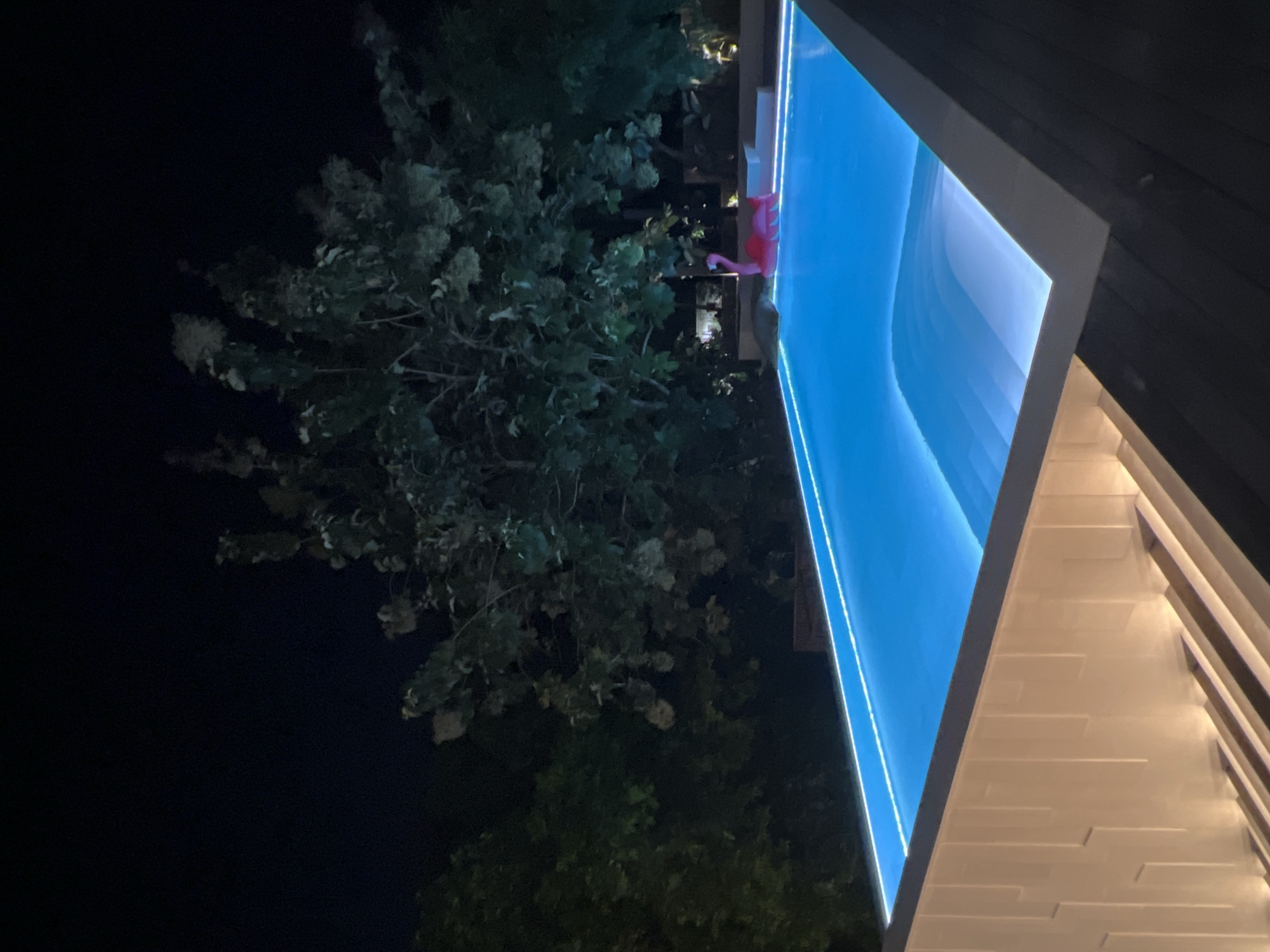 At night, a pool illuminated with bright blue light reflects against the surrounding darkness in Canggu, Indonesia. The pool is partially framed by the corner of a modern building with dark wood siding. Light from the pool reflects off a textured, cream-colored section of the building's façade. A tropical tree grows nearby, its dark green foliage contrasted by the glowing pool. A pink flamingo float rests along the edge of the pool. The scene is primarily dark, with artificial light sources illuminating the pool and building structures.