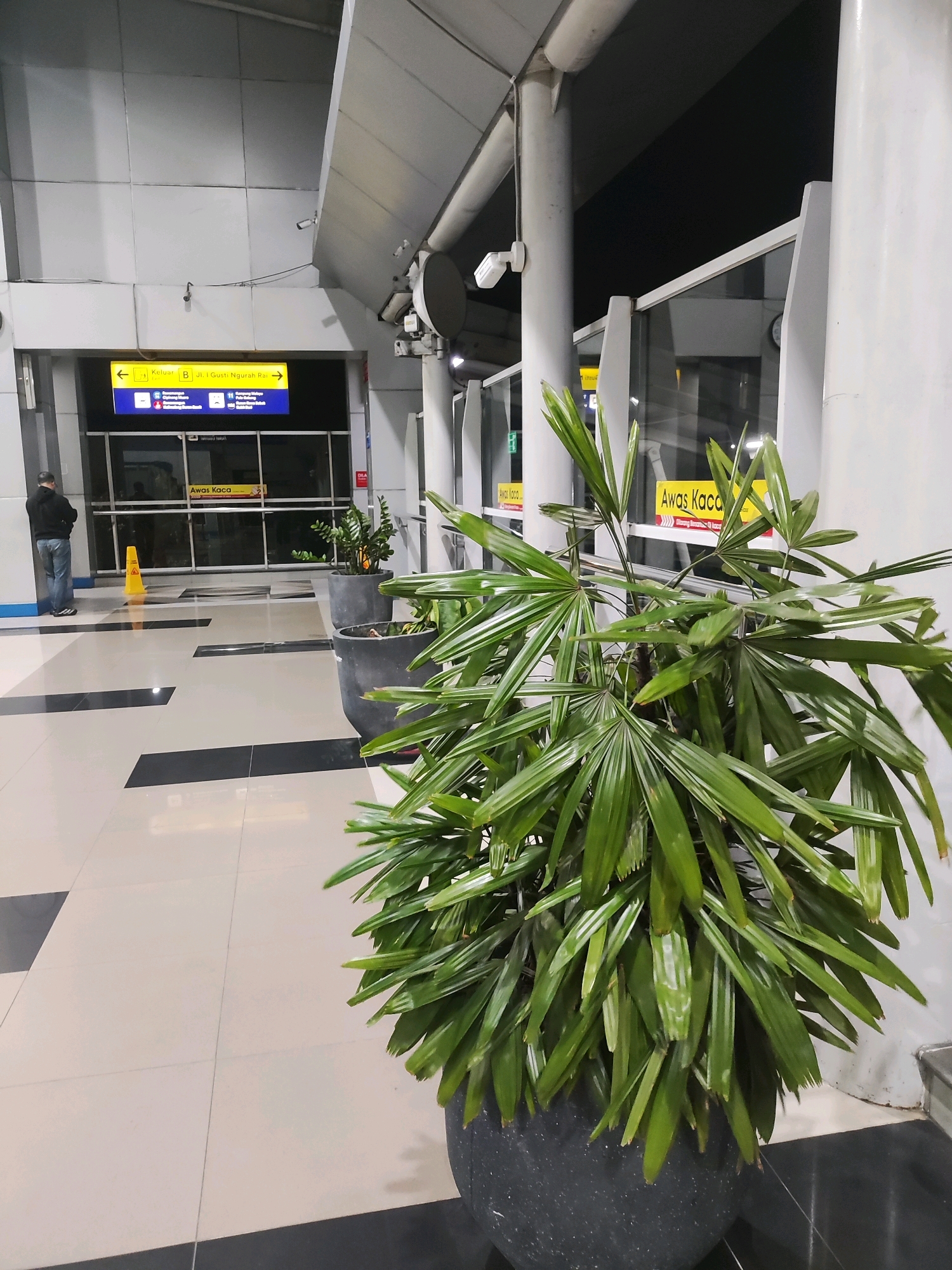 An exterior shot shows a modern, covered walkway at what appears to be an airport terminal in East Jakarta, Indonesia. The walkway has a light-colored tiled floor with black accents. On the left, a man in a black hoodie and jeans stands facing away from the camera, looking towards a large blue directional sign. The sign indicates "Keluar" (Exit) with arrows pointing left and right, and "B, Jl. I Gusti Ngurah Rai" indicating a destination or road name. Several other smaller signs are visible below it. A yellow traffic cone is placed on the floor to the left of the sign. In the foreground, a large potted plant with fan-shaped green leaves dominates the right side of the frame. Behind the plant, a large glass-paneled wall reflects the interior of the building. The environment suggests a public transportation hub, likely an airport, given the directional signage and the polished, modern architecture. The lighting indicates it is either early morning or evening.