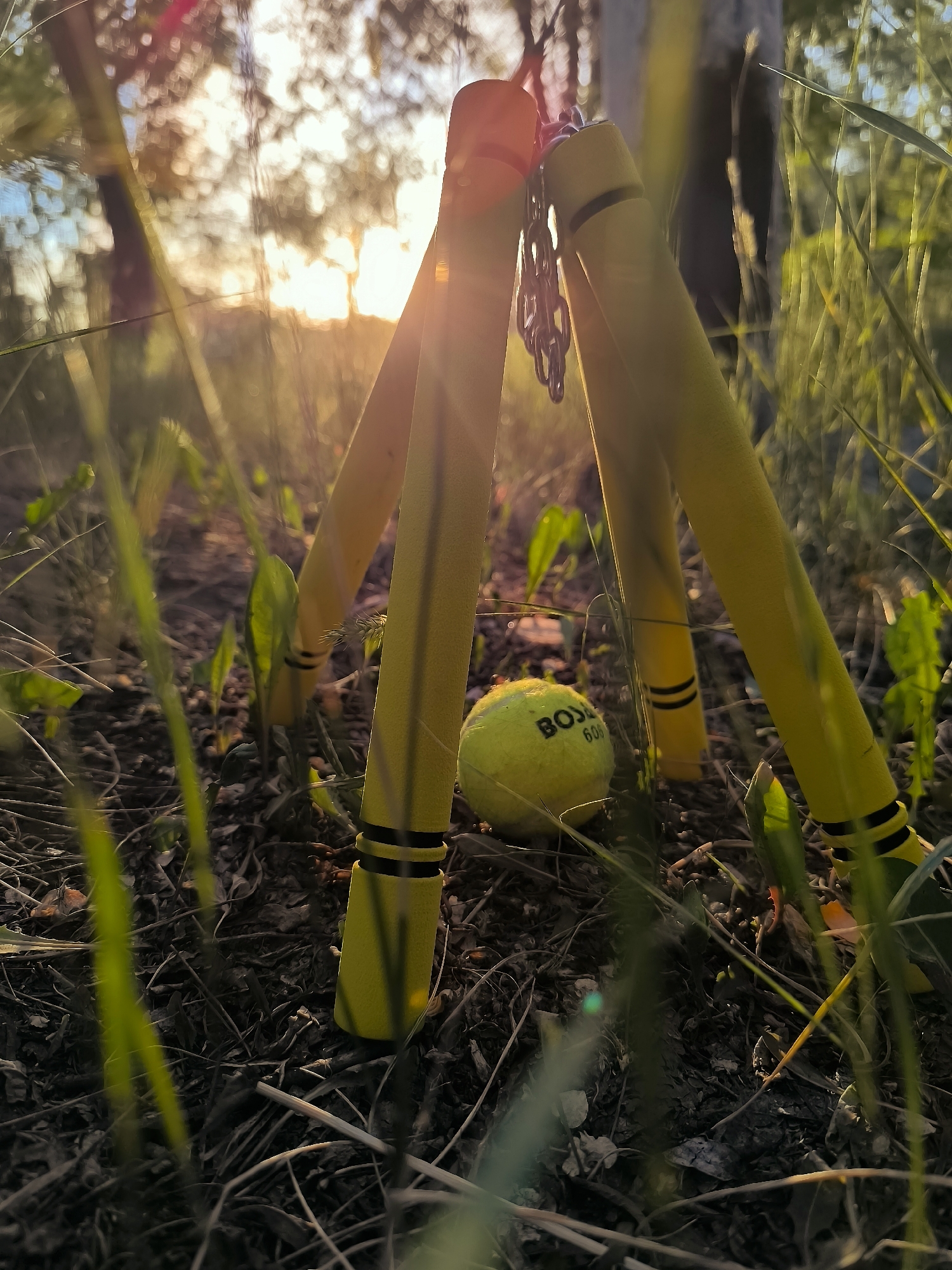 The image depicts a close-up, low-angle shot of yellow nunchucks standing upright in dry grass and dirt. A single yellow tennis ball, marked with "BOBO 606," rests between the nunchucks. The sun is setting in the background, casting long shadows and creating lens flares. The scene appears to be outdoors in a natural, possibly wooded, area. There are no people or animals present in the image. The location is Qarağandı city administration, Kazakhstan.