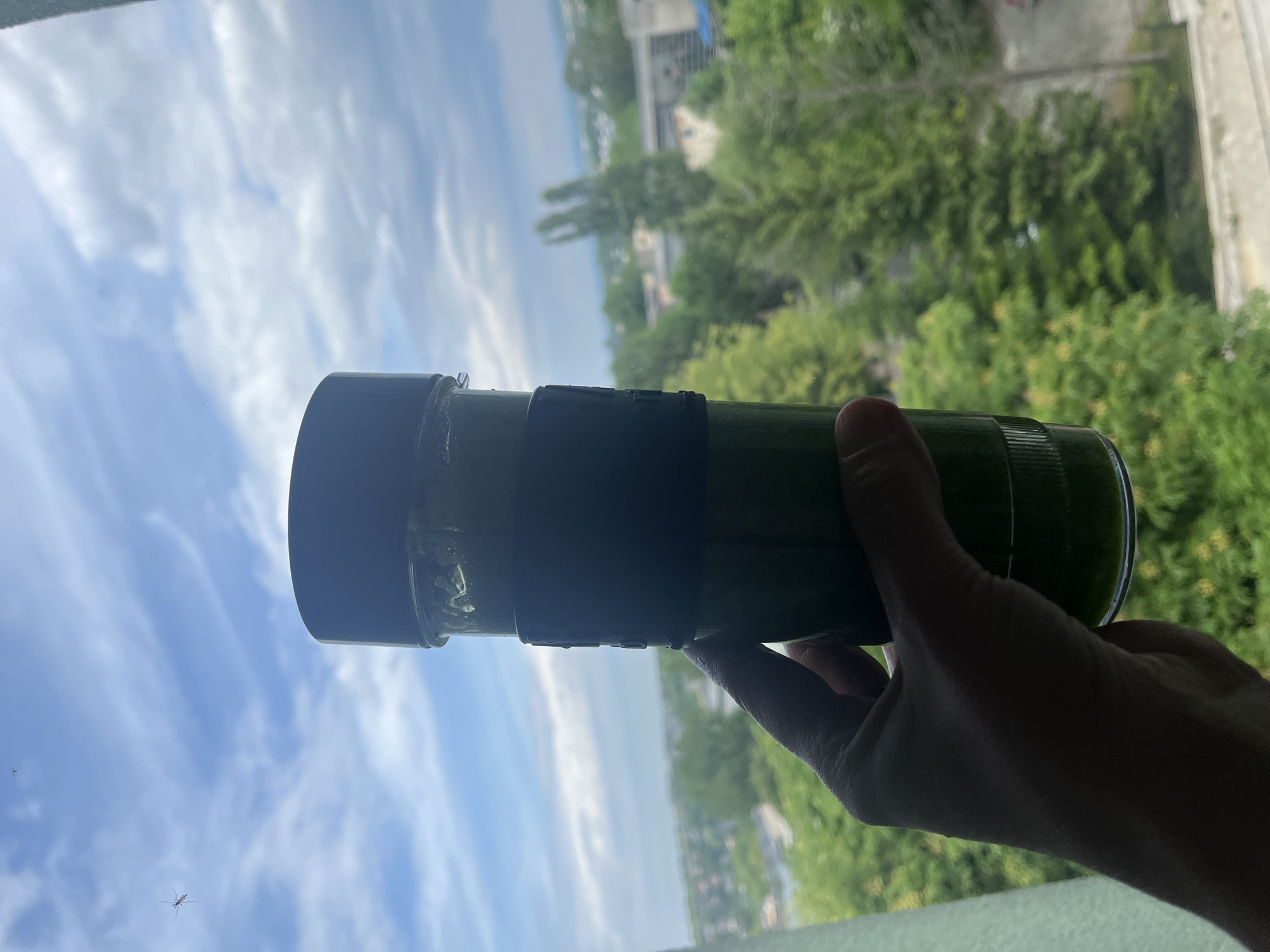 A human hand holds a tall, dark, cylindrical bottle containing a vibrant green liquid, likely a smoothie or juice. The bottle has a dark cap and a dark silicone grip band around its body. The hand is holding the bottle in the lower right portion of the frame.
The background, viewed through a window, reveals a bright outdoor scene under a mostly clear sky with scattered white clouds. Below the horizon, a dense expanse of green trees suggests a lush, vegetated area. Faint structures, possibly buildings, are visible among the trees and in the distance. A distant light blue band might indicate a body of water or atmospheric haze. Two small, insect-like specks are visible on the windowpane in the upper left area of the sky, indicating the image was captured through glass.
The activity is simply a person holding a beverage bottle while overlooking an outdoor scene. The time of day appears to be bright daylight, either morning or afternoon, due to the clear sky and illumination. The elevated perspective suggests the photograph was taken from an upper floor of a building. The location context is Unknown, Unknown. No discernible text is visible on any objects in the image.