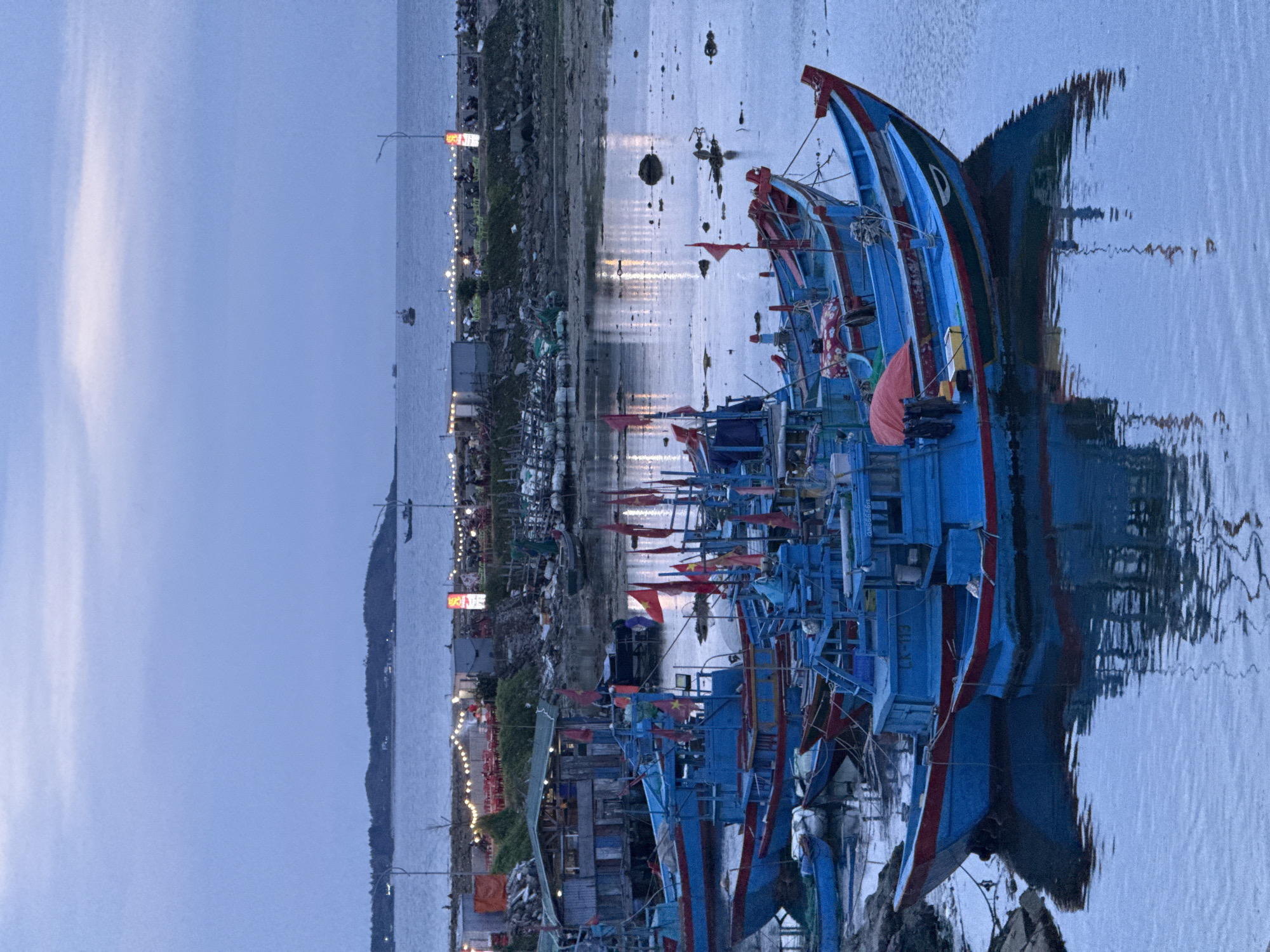 The image depicts a harbor scene at dusk, likely in Lý Sơn Special Administrative Region, Vietnam. A fleet of bright blue fishing boats, adorned with red and yellow flags, are moored together in calm water, their reflections creating a mirror image on the surface. The boats are packed closely, indicating a busy fishing community. In the background, a rocky shoreline is visible, topped with a strip of buildings and a line of illuminated string lights, suggesting a waterfront promenade or market. Beyond this, a low-lying island or peninsula is silhouetted against a pale, twilight sky. Several distant boats can be seen on the horizon. The overall atmosphere is serene, characterized by the quiet of the evening and the gentle lapping of water. There are no visible people in the foreground, but figures are faintly discernible along the illuminated shoreline in the distance. The scene is rich in color, dominated by the vibrant blue of the boats and the muted tones of the twilight sky.