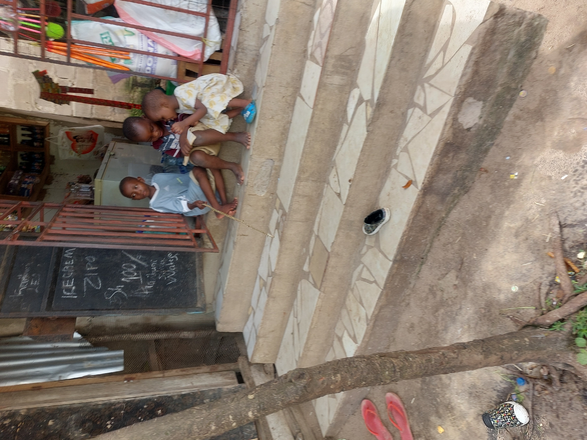 Three children sit on the edge of concrete stairs outside a shop in Dar es-Salaam, Tanzania. The stairs lead down from the shop's entrance. The shop has a chalkboard sign that reads "Ice Cream Zipa Sh 100/=" and "Maji safi" (Clean water). The shop also sells water. A young boy in a blue shirt holds a stick, while two other children are beside him, the one is wearing a yellow dress. On the stairs, one shoe is left, and at the bottom of the stairs are a pair of red flip-flops. A tree trunk lies along the bottom edge of the image, next to the flip-flops, and plants and a shoe are visible near the tree.