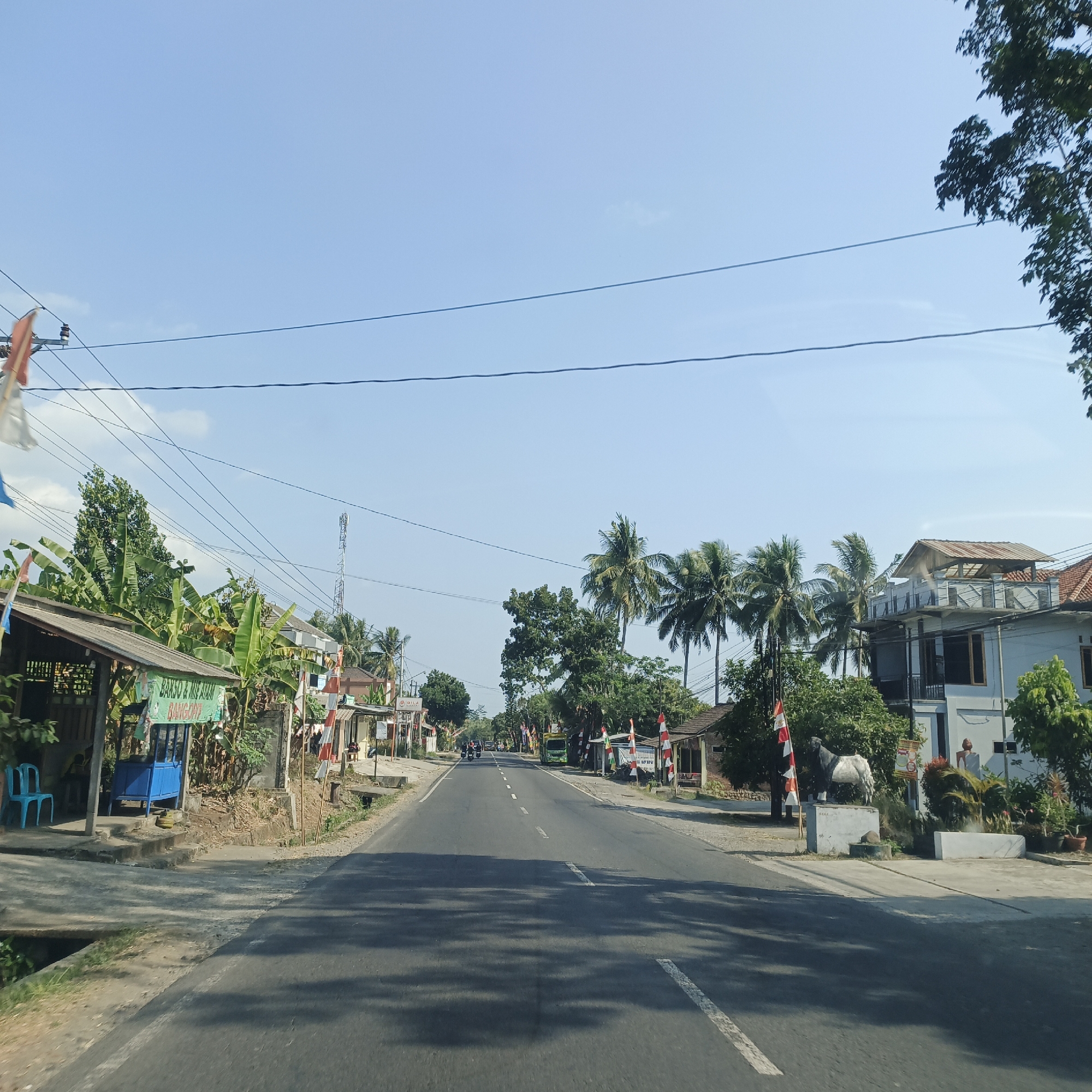 This is a horizontal, eye-level, medium shot of a paved road in Kebon Gunung, Indonesia. The road extends into the distance, flanked by buildings and vegetation. The sky is clear and blue. On the left side of the road, there are several roadside stalls, one with a blue structure and a sign that reads "BAKSO & MIE AYAM BANGKOP". Further down the road, there are more buildings, palm trees, and a cell tower. On the right side of the road, there is a white building with a balcony, and a statue of a goat. There are also several Indonesian flags displayed. The road is empty except for a few vehicles in the distance. The image is taken on a sunny day.