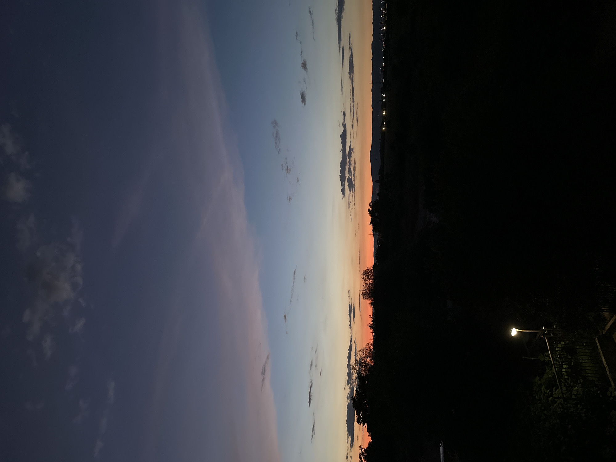 The image depicts a silhouetted landscape at dusk, likely on the outskirts of Sofia, Bulgaria, given the distant lights and mountainous horizon characteristic of areas surrounding the city. The sky displays a gradient of colors, transitioning from deep indigo at the top to soft pinks and oranges near the horizon, indicating the final moments of sunset. Scattered clouds are visible in the upper atmosphere.
The foreground is dominated by dense, dark foliage, forming a silhouetted treeline that obscures the ground. To the left, a single lamppost with a warm yellow light is visible, casting illumination on a dark, shadowed area that appears to include a railing and some vegetation. In the mid-ground, a faint line of distant lights suggests a populated area or town, with the silhouette of a mountain range visible behind it. The overall scene is serene and quiet, with no people or active subjects present. The environment is natural and somewhat rural, with hints of urban elements in the distance.