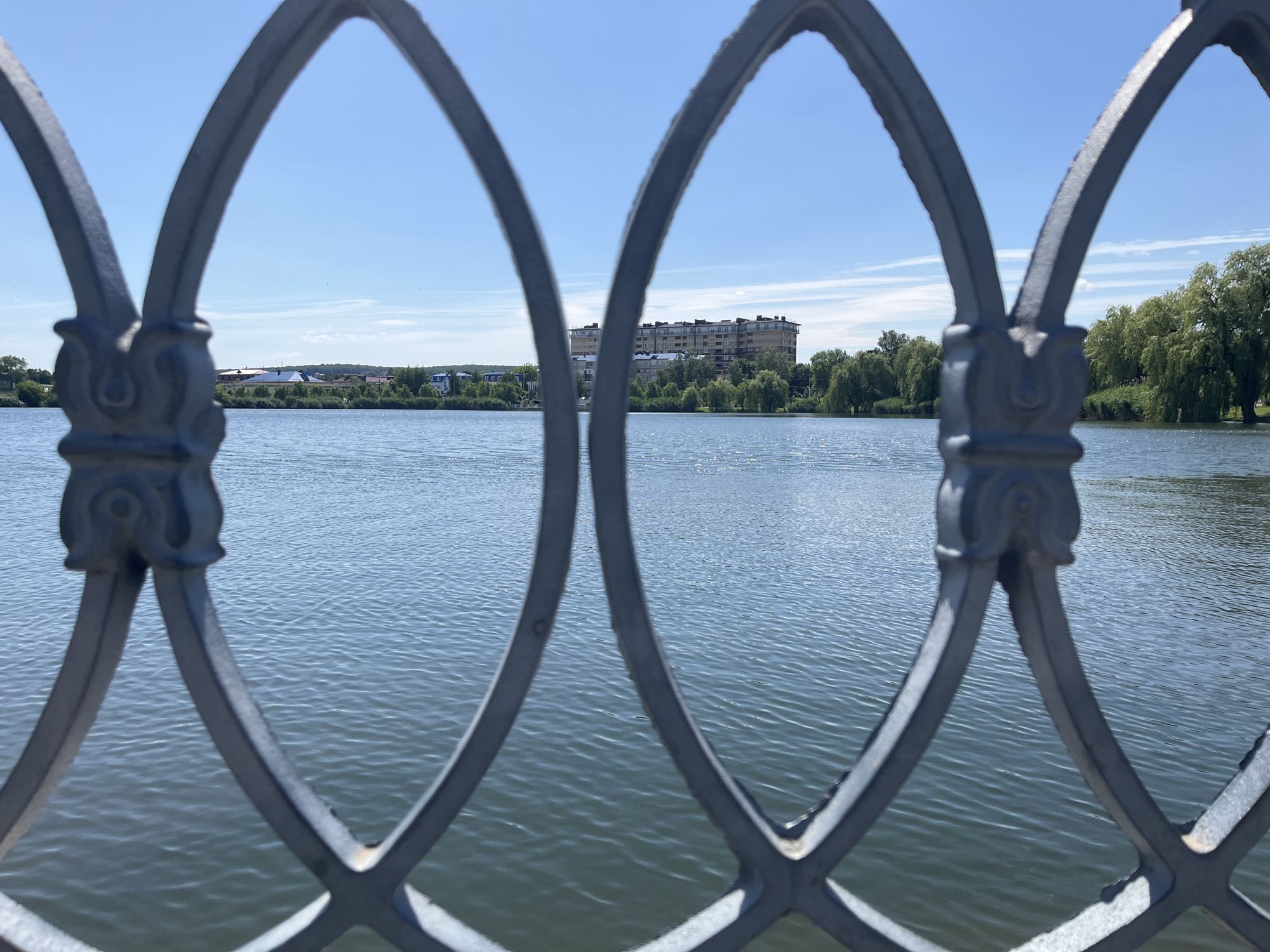 The image shows a view of a lake through an ornate, dark gray metal fence. The lake is calm with small ripples on the surface. Across the lake, there is a long building, possibly residential, surrounded by trees. The sky is blue with wispy clouds. The location is likely in Goryachiy Klyuch, Russia, given the prompt's request. The primary subjects are the fence, the lake, the building, and the surrounding landscape. There are no people visible in the frame.