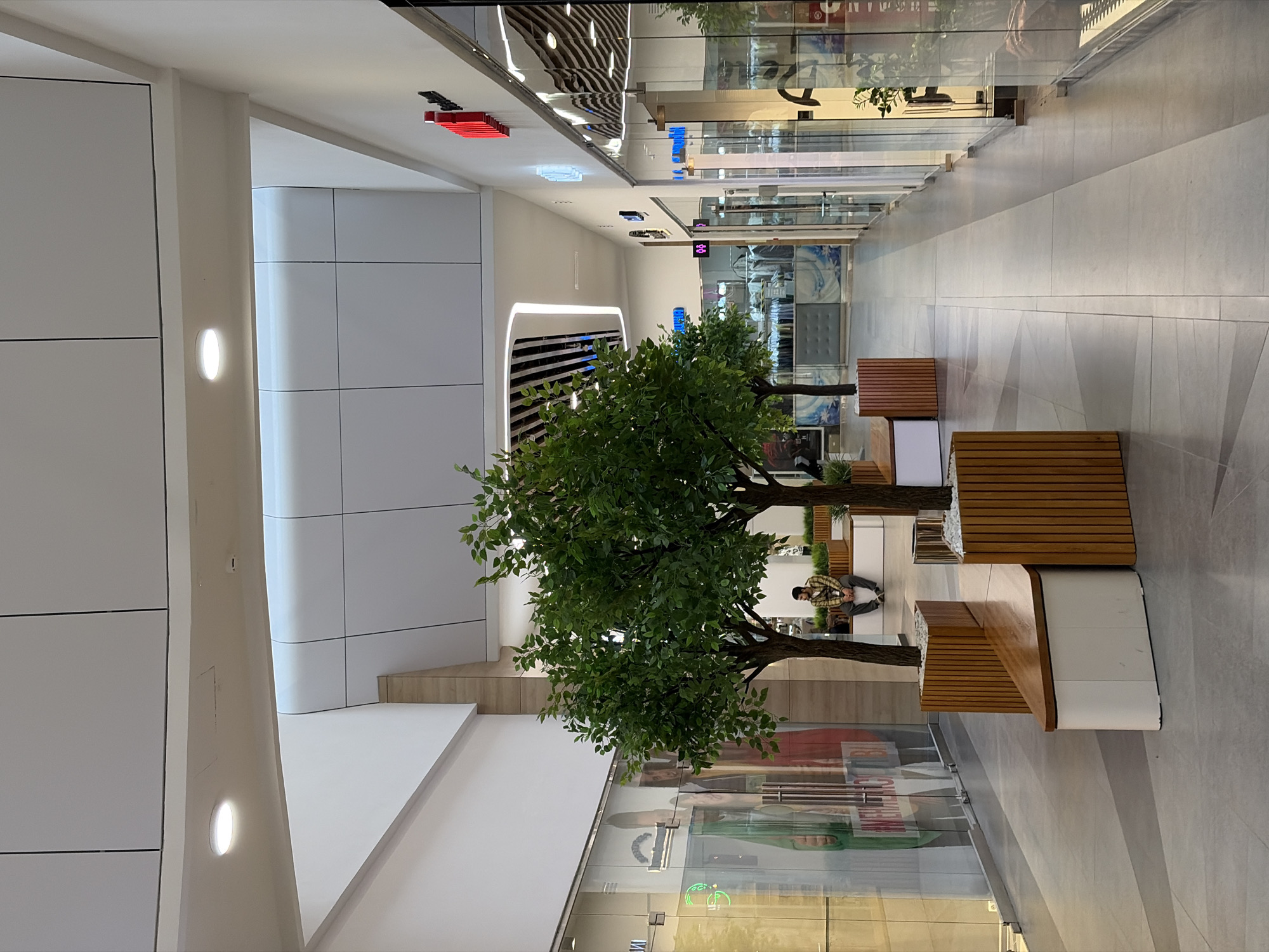 This indoor, high-angle, vertical, brightly-lit scene shows a walkway inside a building, possibly a mall. The location is potentially Izhevsk, Russia. The walkway has a light gray tile floor with a geometric pattern. On either side of the walkway are storefronts with glass windows, showcasing various products. Between the storefronts and the main walkway are two artificial trees placed near wooden benches with white bases. One tree is closer to the viewer and dominates the scene. A person is sitting on one of the benches near the second tree. The ceiling is high with reflective panels and various lighting fixtures. Store signs are visible in the distance. The color palette is dominated by whites, grays, and greens, with accents of brown and other colors from the storefront displays.