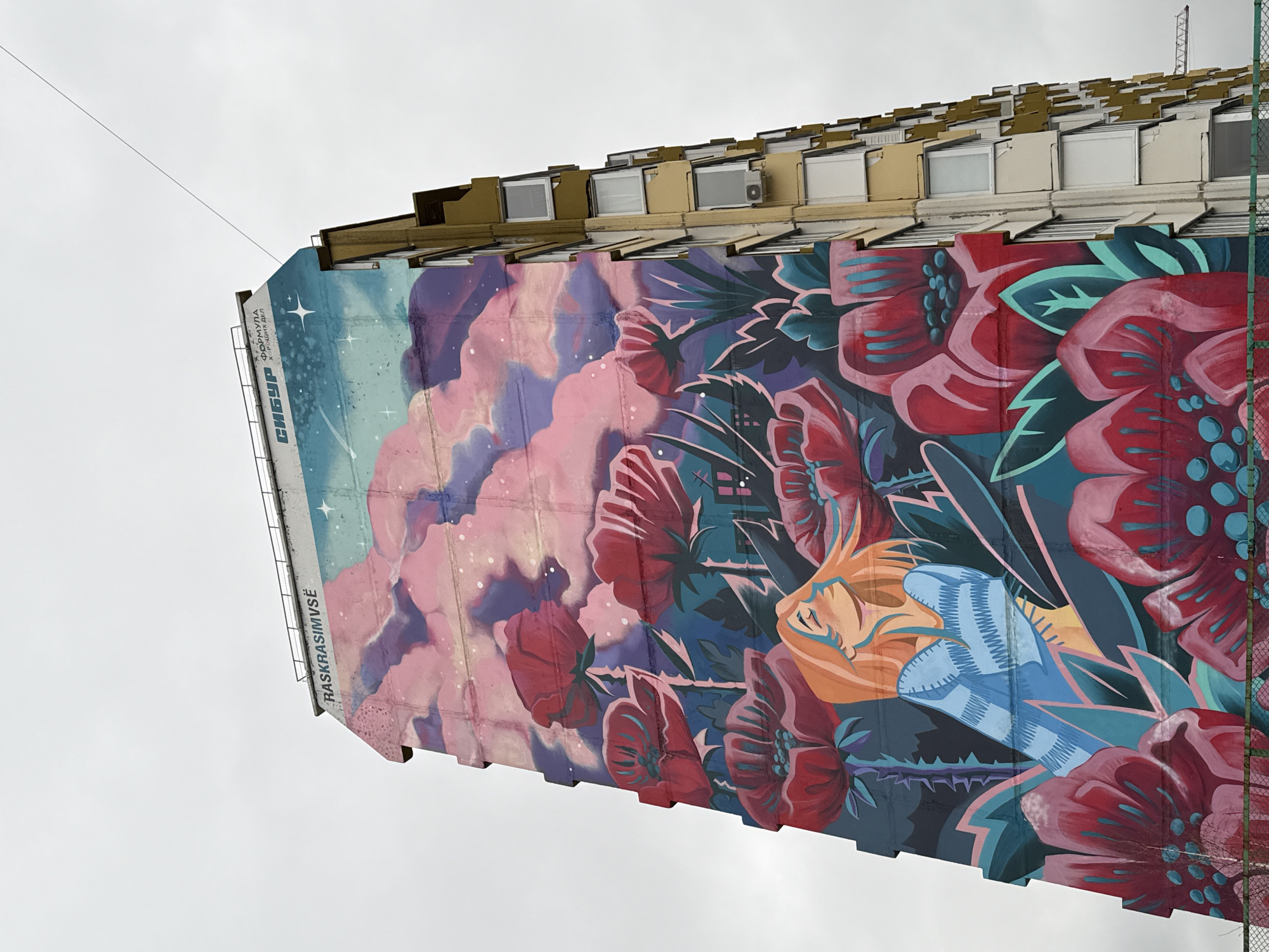 An upward-angled, medium shot shows the corner of a building with a large mural in Tobolsk, Russia. The building is made of concrete slabs. The mural depicts flowers, clouds, and a woman's face. The flowers are primarily red and pink, with green and blue leaves. The clouds are pink and purple. The woman's face is orange and blue. The sky is overcast. A sign on the side of the building says "RASKRASIMVSE" and "СИБУР". A wire stretches from the top of the building towards the sky. The building has small windows and air conditioning units at the top. A green fence is partially visible on the right side of the frame.