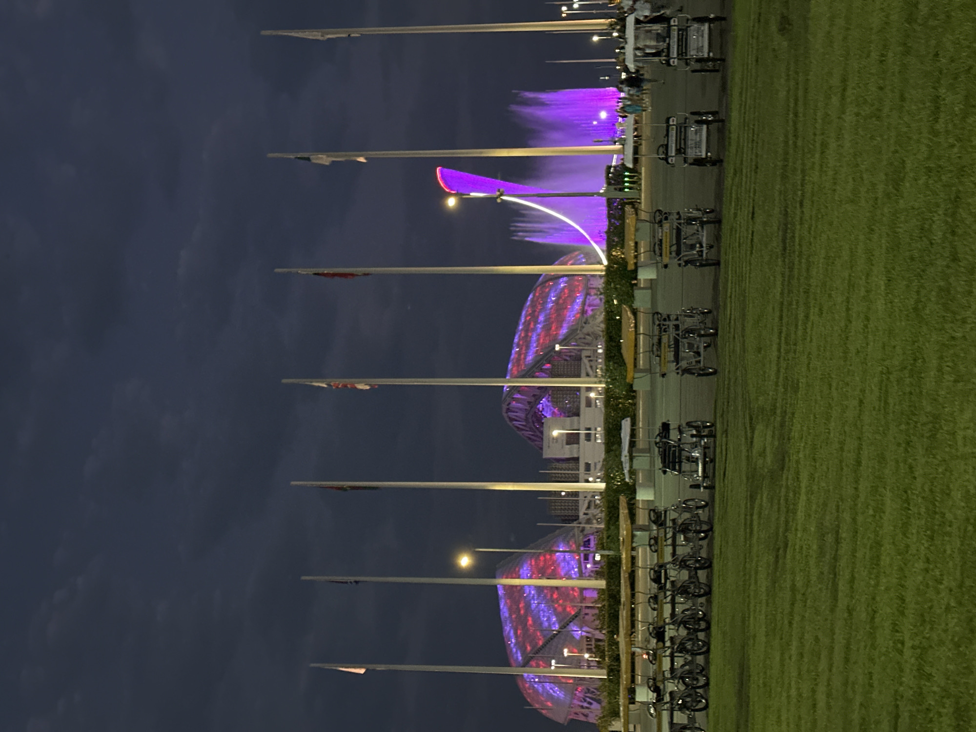 The image depicts an outdoor scene at dusk in Sochi, Russia, likely at the Olympic Park. In the background, a large, modern stadium with a distinctive wave-like roof structure is illuminated with vibrant purple and red lights. To the right of the stadium, a tall fountain sprays purple water high into the air, creating a dramatic spectacle. Several tall flagpoles stand in a line across the middle ground, some with flags visible. In the foreground, a row of multi-person pedal carts, designed for leisurely rides, are parked on a manicured lawn. The sky is a deep, cloudy blue, suggesting evening or twilight. People can be seen in the mid-ground near the fountain and stadium, strolling or perhaps watching the fountain display. The overall atmosphere is one of a modern, recreational urban space at night.