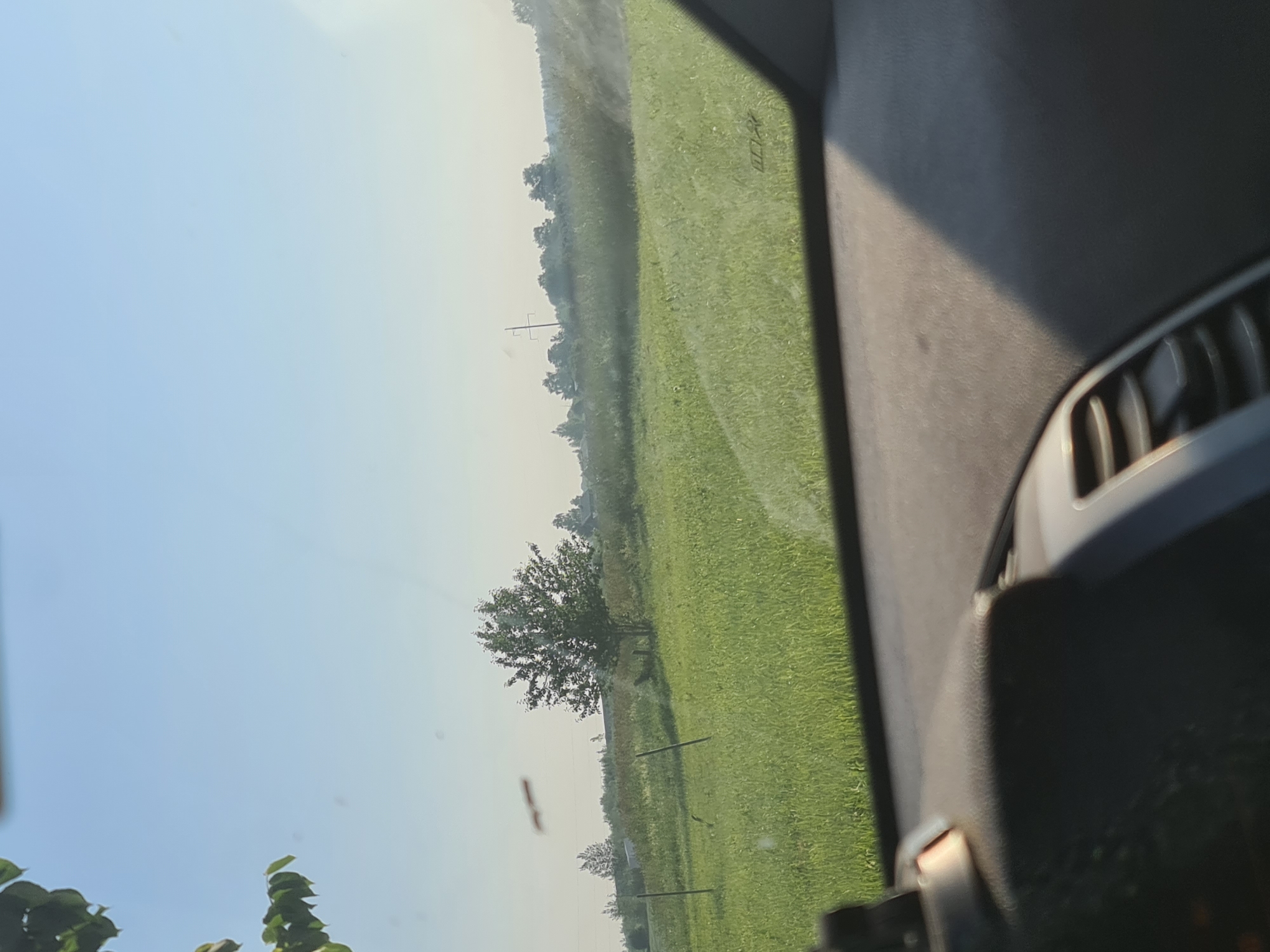 The image is a forward-facing view from inside a vehicle, looking out over a rural landscape. The foreground shows the dark, textured dashboard of the car, with a hint of a vent on the right. Beyond the windshield, a sunlit green field stretches out under a clear, light blue sky. In the middle ground, a lone deciduous tree stands in the field, with a few fence posts visible. The background features a line of trees and some indistinct structures, possibly buildings, under a hazy sky, suggesting a distant settlement. The overall impression is one of a peaceful, sunny day in the countryside, possibly in Maznovadnieki, Latvia.