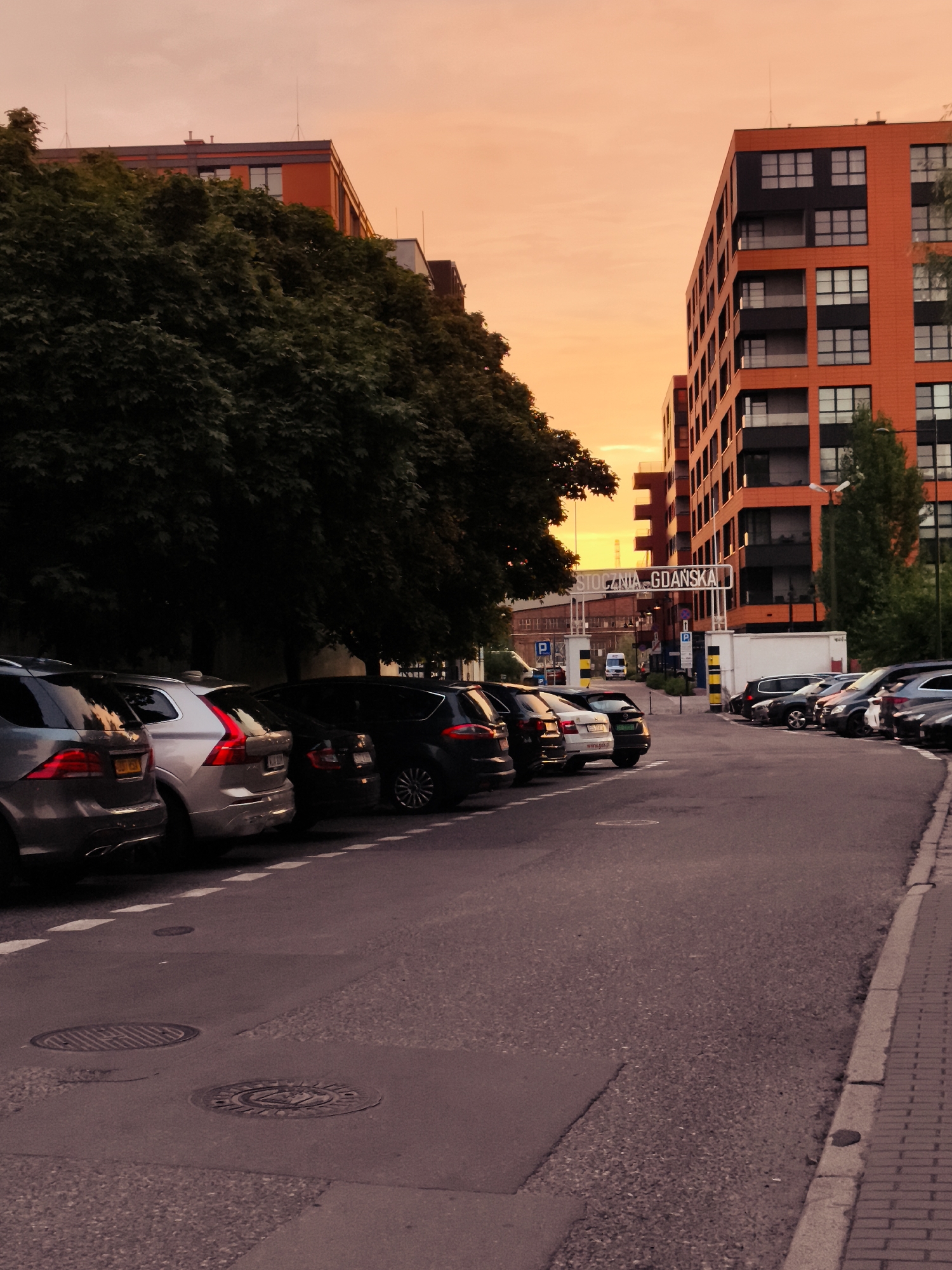 The image depicts a street scene in Gdańsk, Poland, at dusk. In the foreground, a row of parked cars lines a paved road. Beyond the cars, modern orange and black apartment buildings stand against a warm, orange-hued sky. A street sign indicates "STOCZNIA GDANSKA," suggesting the location is near the Gdańsk Shipyard. Trees with dense foliage flank the buildings on the left side of the image. The lighting suggests it is either sunrise or sunset, with a soft, diffused light illuminating the scene. There are no people visible in the image.