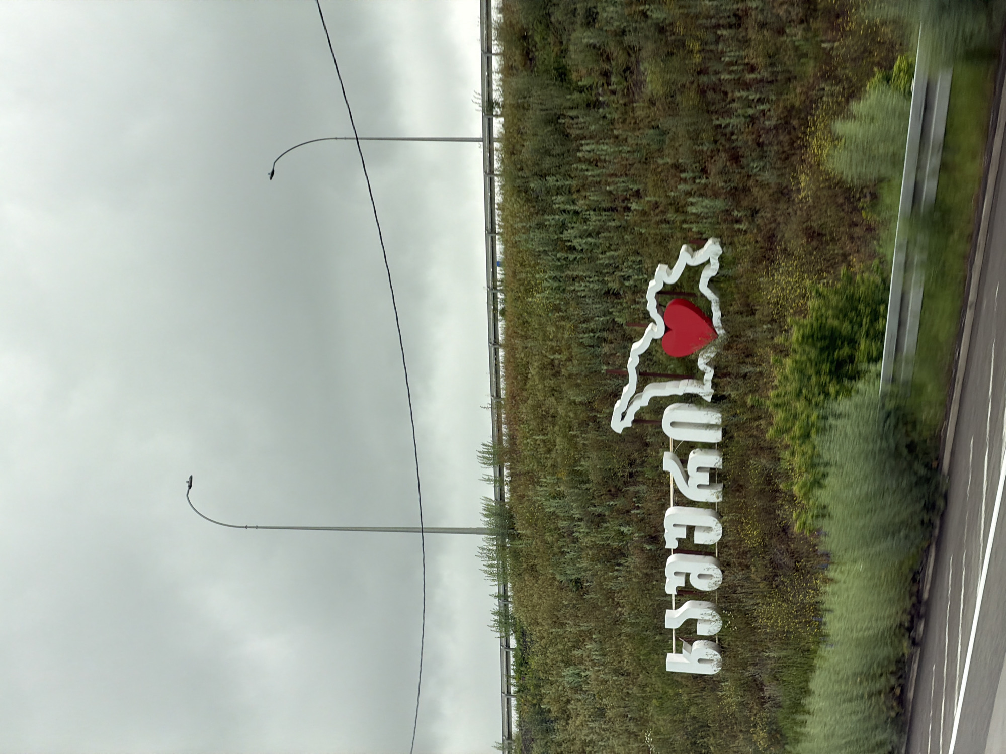 A roadside sign in Ruisi, Georgia, features a white outline of the country's map with a red heart in its center. The name of the country, "საქართველო," is written in white Georgian script below the map. The sign is surrounded by green vegetation. A highway with a guardrail is on the right of the sign. Two streetlights are visible on the left against a cloudy sky.