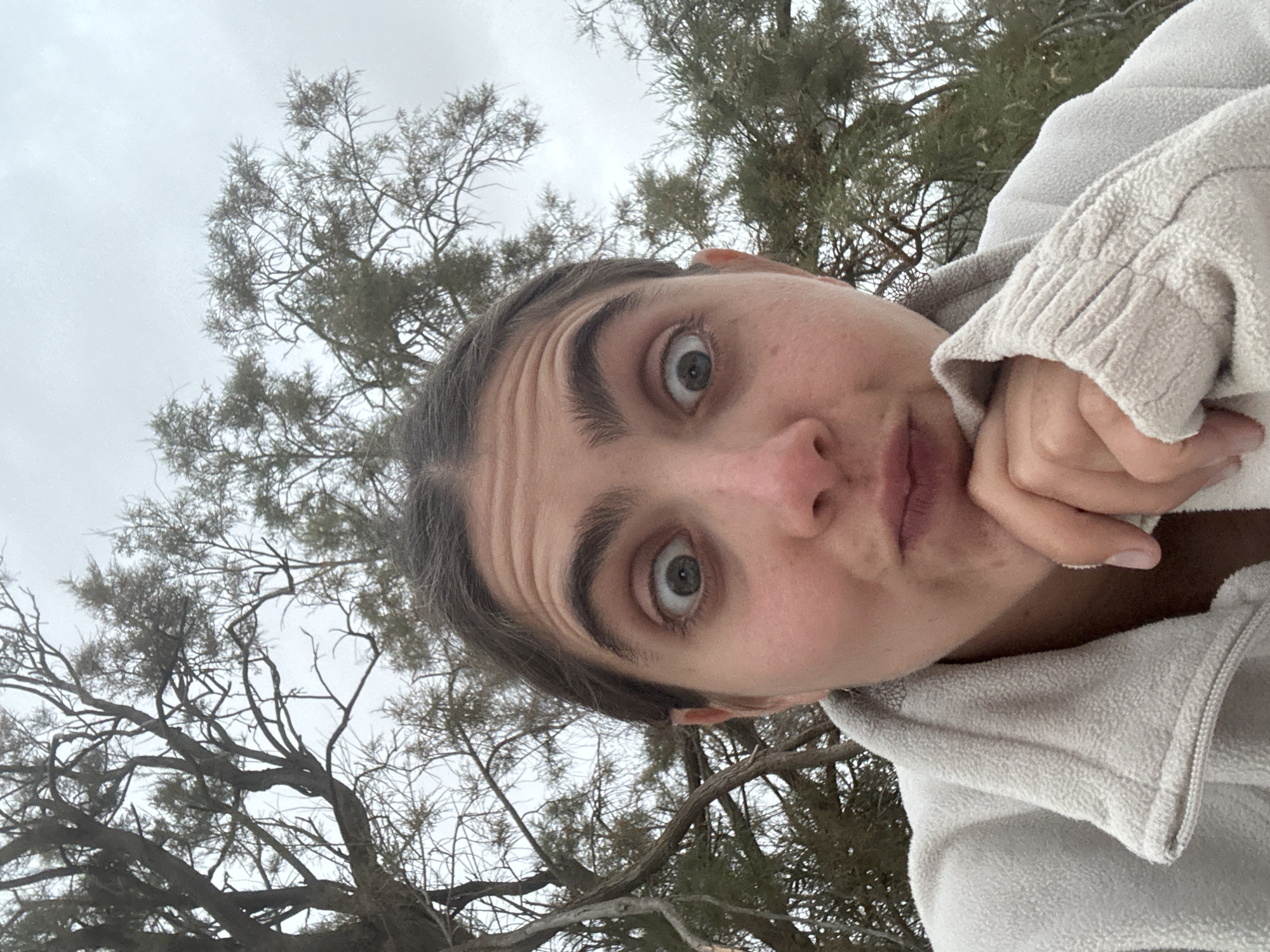 A close-up selfie of a woman is taken outdoors, possibly in Hevel Eilot Regional Council, Israel. She is wearing a light-colored, fleece-like jacket and has her hand near her face. Behind her are bare trees with a gray, overcast sky.