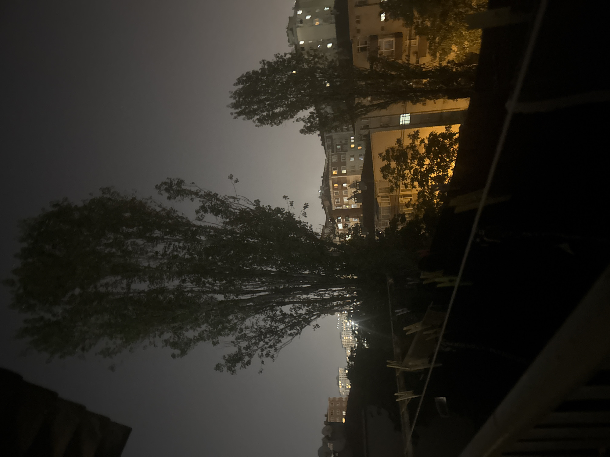 The image is a nighttime photograph taken from a balcony, looking out over a city. In the foreground, a dark railing and clothesline with several clothespins are visible. Beyond the balcony, tall, slender trees with sparse foliage dominate the midground. In the background, a dense urban landscape of apartment buildings is illuminated by warm interior lights. The sky is dark and overcast, with a faint glow suggesting light pollution. The scene appears to be located in the Gungoren district of Istanbul, Turkey, given the architectural style of the buildings and the characteristic tall, thin trees often found in the region. There are no people or discernable activity in the image.