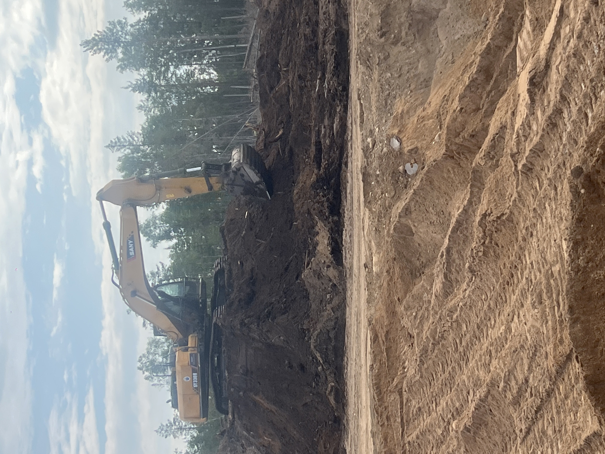 In Shapki, Russia, an excavator is operating on a construction site. The excavator, a SANY SY330H model, is positioned on a large mound of dark soil. Its arm is extended, and the bucket is digging into the soil. In the background, a dense forest of pine trees is visible under a partially cloudy sky. In the foreground, a section of the construction site is composed of lighter-colored sand with visible tire tracks from heavy machinery. There are no people visible in the image.