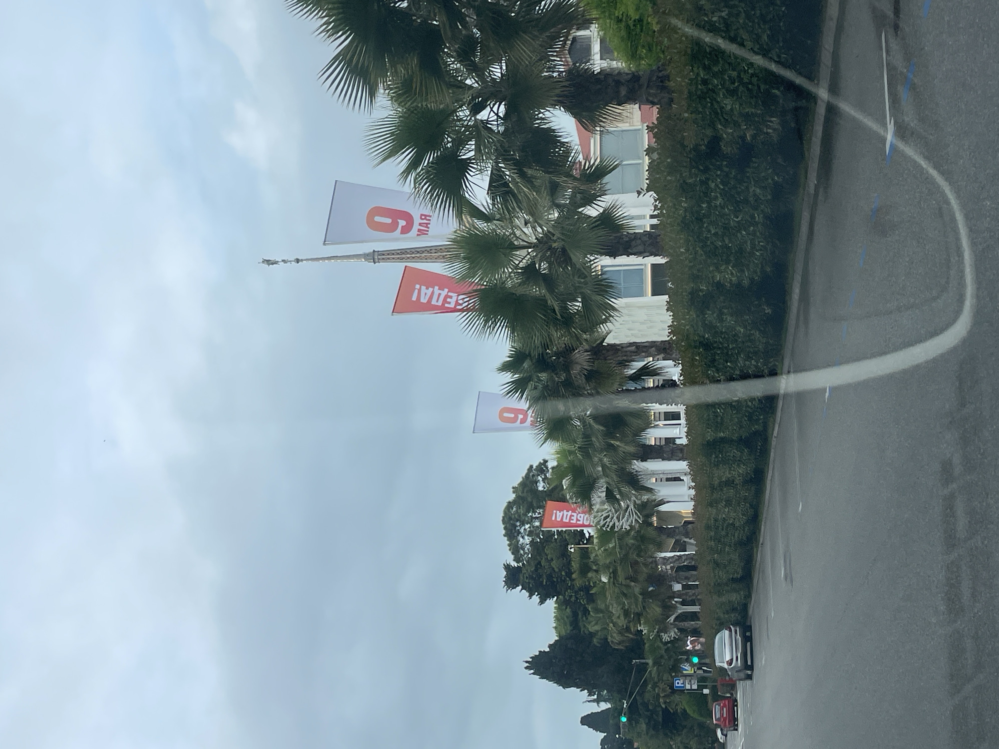 The image shows a street in Sochi, Russia, with palm trees lining the road. Flags with "9 Мая" ("May 9th," Victory Day in Russia) are displayed along the street. A building with white walls is visible behind the trees. The road is paved and has lane markings. Several cars, including a silver sedan and a red vehicle, are present on the road. Traffic lights are visible, showing a green light. The sky is overcast. The image was likely taken from inside a vehicle, as indicated by the blurred reflection on the glass.