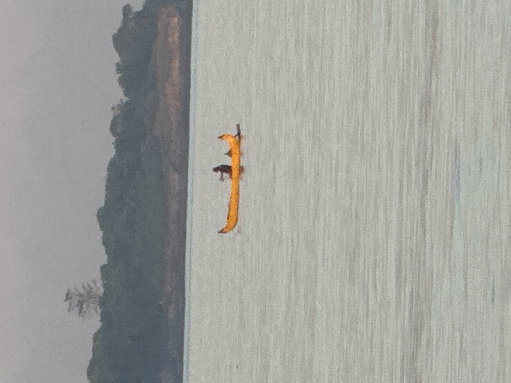 The image shows a portion of Jimbaran Bay in Indonesia, seen from an elevated position. The water is a light gray color with vertical streaking, possibly indicating surface texture or light reflection. A narrow, vertical yellow object, possibly a boat or surfboard, with some dark elements is positioned in the water. To the left is a strip of land with vegetation in shades of gray and brown. The overall image has a hazy quality.