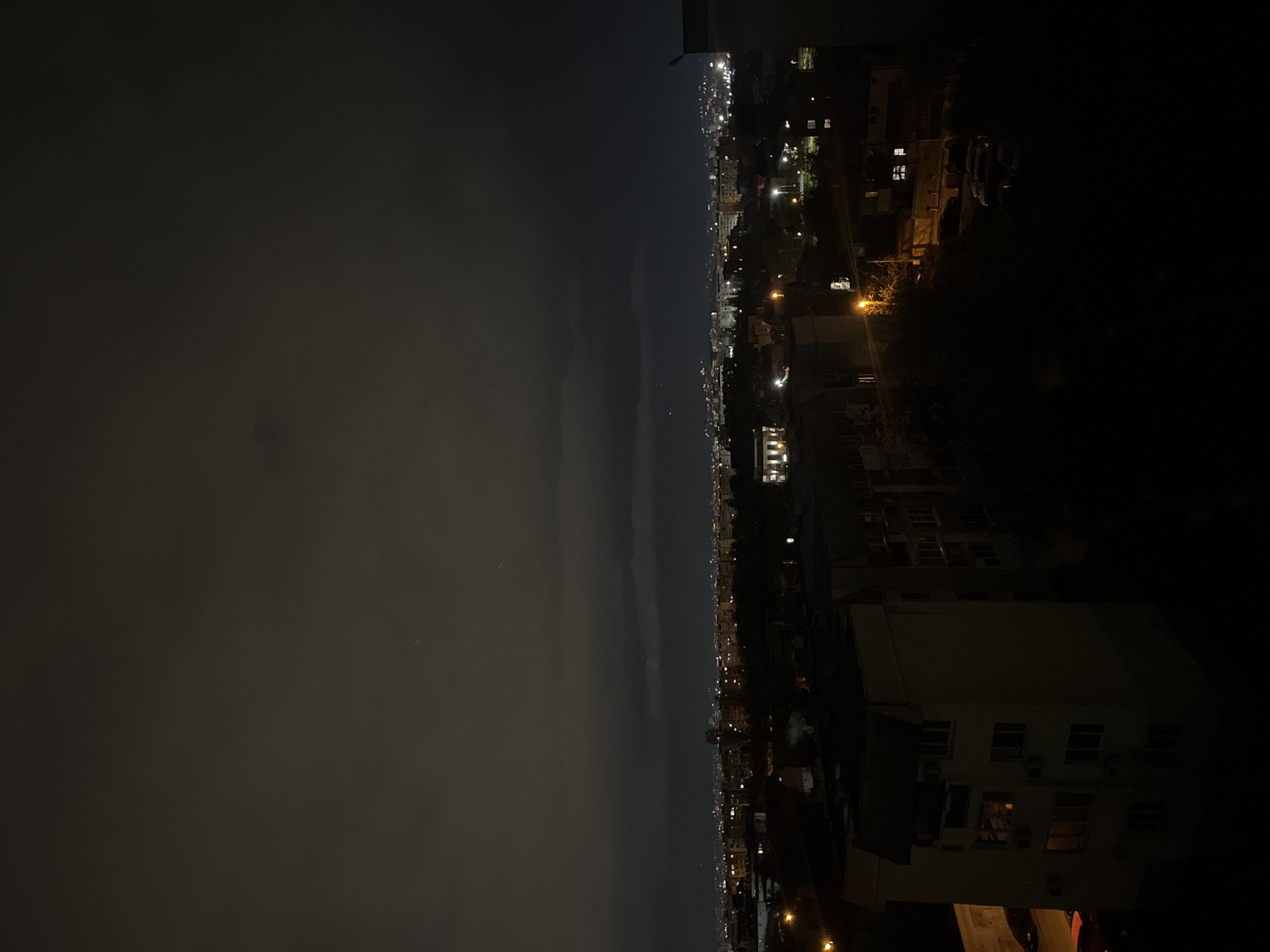 The image captures a wide, horizontal night view of the urban landscape of Sofia, Bulgaria, observed from an elevated perspective. The upper half of the frame is dominated by the night sky, which appears dark grey to black, indicating an overcast or cloudy condition. Subtle lighter streaks of clouds are visible across the sky, but no stars or the moon are distinctly present.
The lower half of the image showcases the sprawling city. A distinct line of artificial lights marks the distant city horizon, stretching horizontally across the mid-ground. These numerous lights, originating from buildings and streetlights, create a luminous band against the dark surroundings. In the foreground and mid-ground, various buildings are partially visible, mostly silhouetted by the darkness of the night. Several windows on these closer buildings are illuminated, casting warm yellow or white glows, hinting at interior activity. Streetlights also punctuate the scene, adding points of bright light throughout the urban expanse.
No people or specific activities are discernible within the frame. The time of day is clearly night. There is no visible text in the image. The overall impression is a vast, illuminated urban area under a cloudy night sky.
