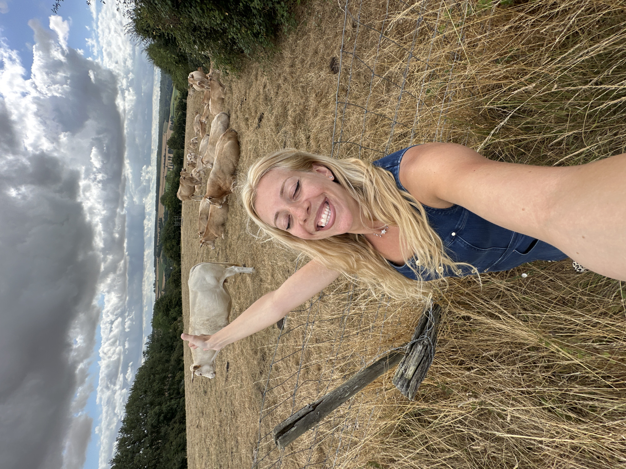 In Cavron-Saint-Martin, France, a blonde woman in a denim dress smiles widely for a selfie, her arm extended towards a herd of light-colored cattle grazing in a dry, grassy field. She stands near a wire fence with a weathered wooden post. The background shows a gentle, rolling landscape with trees and a cloudy sky.