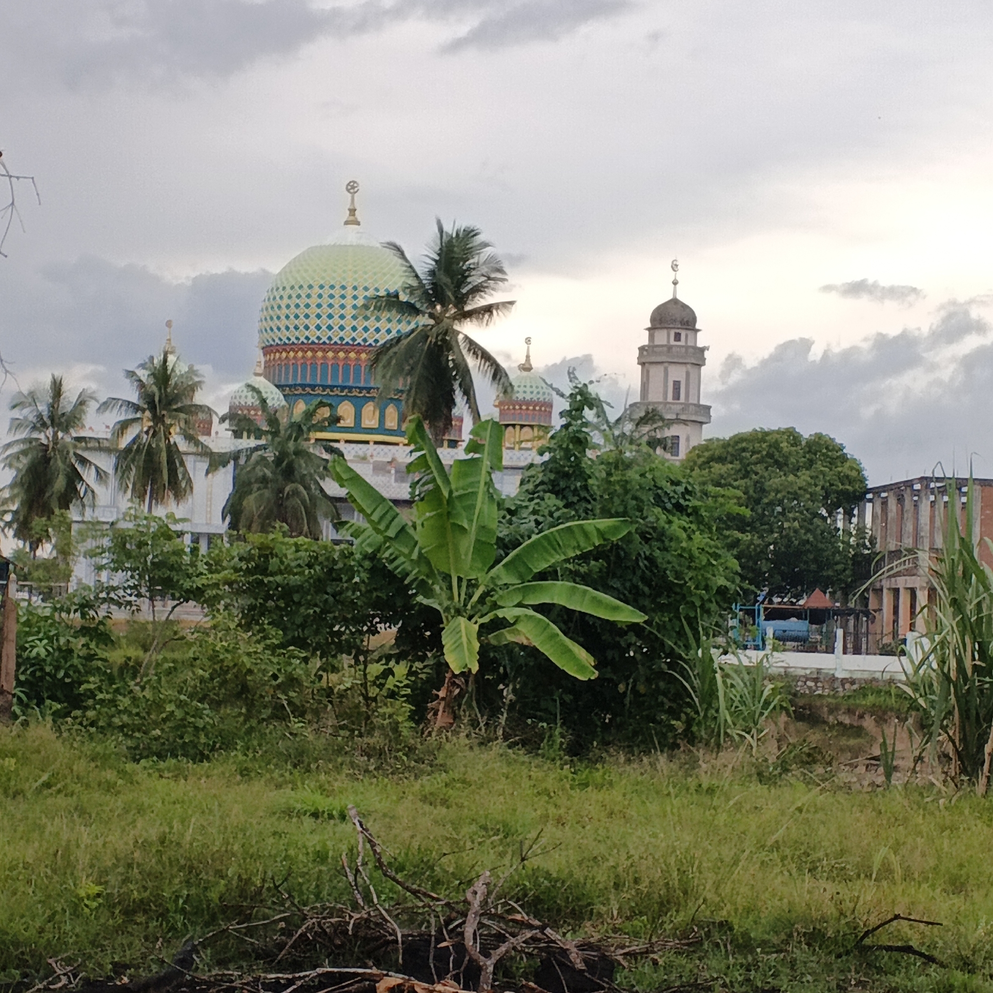 A mosque with a large, ornate dome and a tall minaret stands behind a foreground of lush green vegetation, including palm trees and banana plants. The sky is overcast, with scattered clouds. The mosque's dome is a vibrant green with intricate geometric patterns in blue, yellow, and red. The minaret is a pale, multi-tiered structure. In the background, to the right of the minaret, is a partially visible building with a red brick facade and tall columns. The foreground is dominated by tall grasses and some fallen branches. The scene is peaceful and appears to be set in a tropical or subtropical environment. This image was taken in Geunteng, Indonesia.