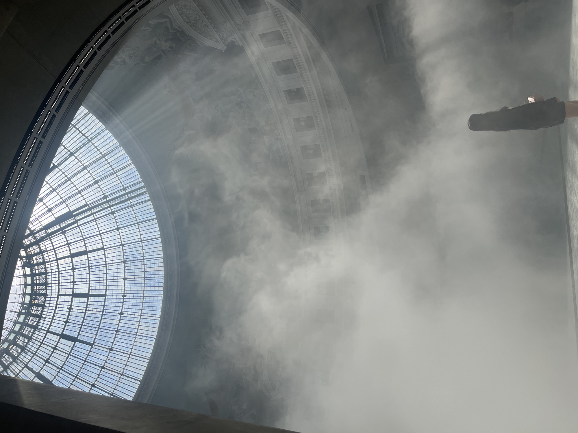 The image shows a person standing inside a large, circular, domed building in Paris, France. Sunlight streams through the glass dome, creating dramatic light beams that illuminate a fog-filled interior. The person, seen from behind, is wearing dark clothing and appears to be looking up at the dome. The architecture of the building features ornate moldings and a grand, vaulted ceiling decorated with murals, partially obscured by the fog. The setting is likely a public building, possibly a museum or a grand hall, given the architectural style and scale. The fog adds a theatrical and atmospheric quality to the scene.