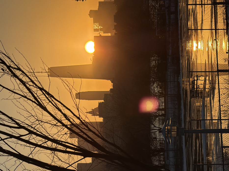 This image captures a sunrise over the New York City skyline, viewed from a park in Long Island City, Queens, looking west towards Manhattan. The foreground features dark, bare tree branches silhouetted against the bright sky in the upper left. A white, multi-tiered lamppost stands on the lower left. A dark chain-link fence runs horizontally across the lower mid-ground. Behind the fence, a partially frozen body of water reflects the sun's intense orange and yellow light. A dark park bench is positioned on the frozen surface, to the right of the lamppost. Small remnants of snow are visible on the ground near the water's edge. In the mid-ground, a line of dark, leafless trees forms a silhouette along the far bank of the water. The background reveals the Manhattan skyline, heavily silhouetted against a brilliant orange-yellow sky. The sun, a bright white-yellow orb, is low on the horizon, partially obscured by the tops of buildings. The prominent tapered skyscraper of 30 Hudson Yards is visible to the right of the sun, with 10 Hudson Yards situated to the sun's immediate left. Other urban structures and a domed building are discernible further to the left within the silhouette. A distinct reddish-purple lens flare appears in the lower-mid portion of the image, to the left of the sun's reflection on the water. No individuals are present in the scene. The environment suggests a clear, cold winter morning.