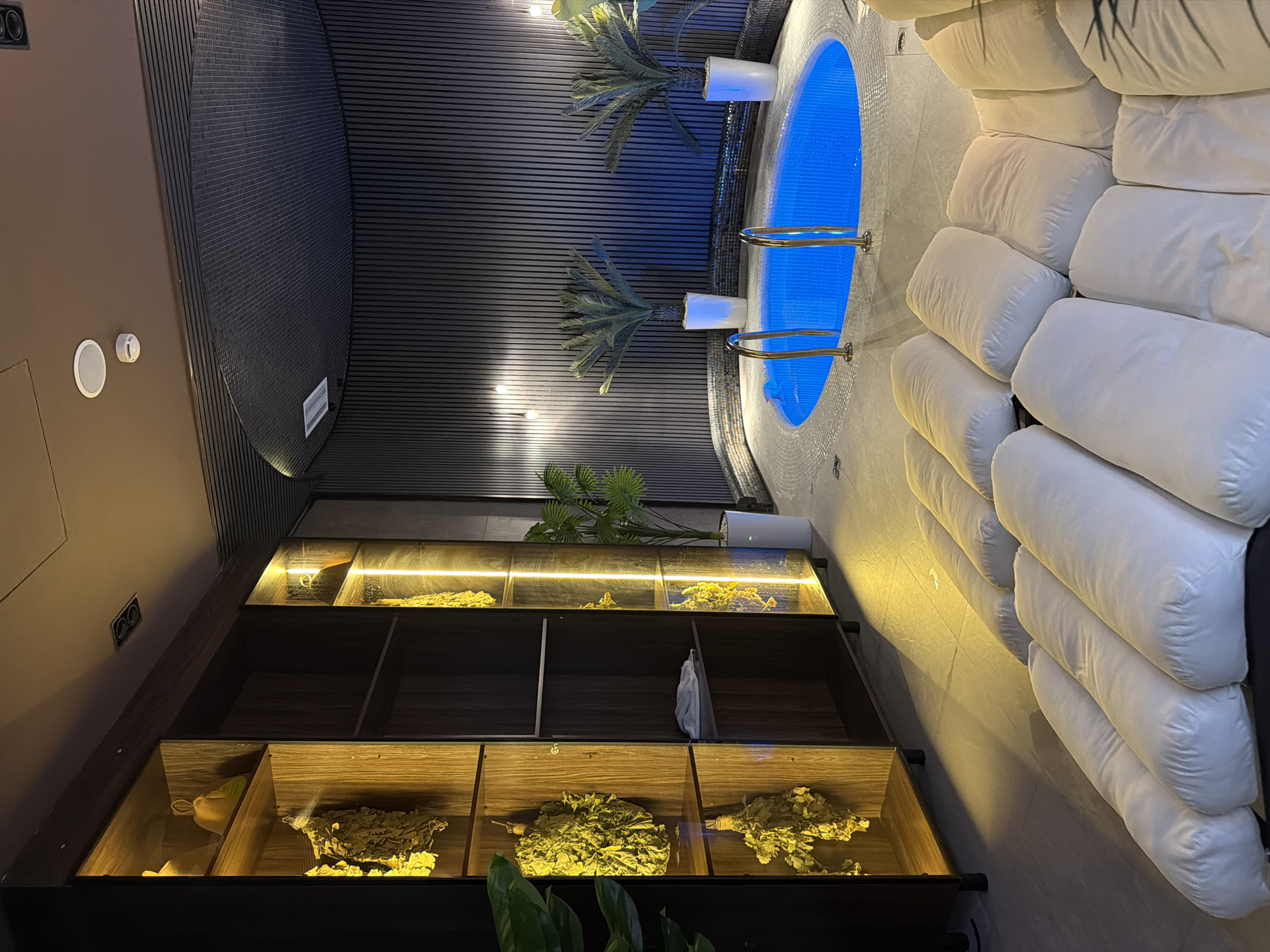 The image depicts a dimly lit spa room, likely a private wellness area. The room features a small, circular pool with vibrant blue water, accessible by a short set of chrome railings. Two potted palm-like plants stand on either side of the pool. The walls are decorated with dark, vertical slatted panels, and a dark, circular acoustic ceiling feature is visible.
To the left of the pool, a tall, dark wooden shelving unit is illuminated by warm, vertical strip lighting. Several shelves display dried, yellowed bundles, possibly of herbs or branches, reminiscent of bathhouse whisks, along with some decorative yellow objects. One shelf in the center has a folded white cloth.
In the foreground, a series of large, white, rectangular floor cushions are arranged in rows, suggesting a relaxation area. The floor is tiled with a light-colored stone. The overall atmosphere is serene and luxurious.
The specific location in Chingeldi, Uzbekistan, cannot be determined from the visual information provided in the image.