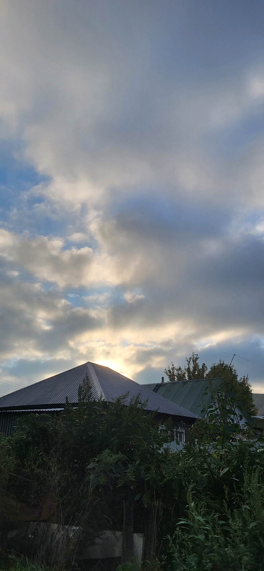 A low-angle, vertical shot captures a cloudy sky over rooftops in Oskemen, Kazakhstan. The sky, filled with a mix of dark gray and bright white clouds, is partially illuminated by sunlight breaking through the overcast. The sun appears as a bright spot behind a band of clouds, casting a warm glow over the scene. Below the sky, two rooftops are visible: a dark, corrugated metal roof on the left, forming a sharp peak, and a greener, angled roof on the right. Dense green foliage, including bushes and trees, obscures the lower portions of the buildings and the foreground, with hints of a wooden fence and some structural elements peeking through the vegetation. No people are visible in the image.