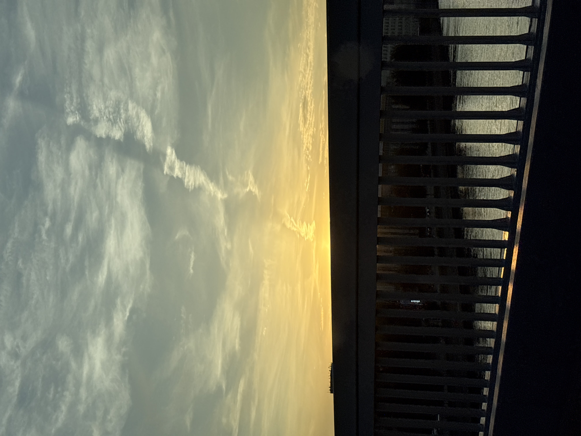 This is a photograph of a sunset over a body of water in Saint Petersburg, Russia, viewed from a bridge. The sun is low on the horizon, casting a golden-yellow glow across the sky, which is transitioning from bright yellow near the sun to a pale, greenish-blue overhead. Wispy clouds are scattered across the sky, with a prominent contrail extending from the lower right to the upper left.
In the foreground, the dark silhouette of a bridge railing, composed of vertical metal bars, spans the width of the image. Beyond the railing, a body of water reflects the muted colors of the sky. In the mid-ground, a dark, low silhouette of buildings is visible along the far bank of the water, with some appearing to be industrial or administrative structures. The overall impression is one of a tranquil urban landscape at dusk.