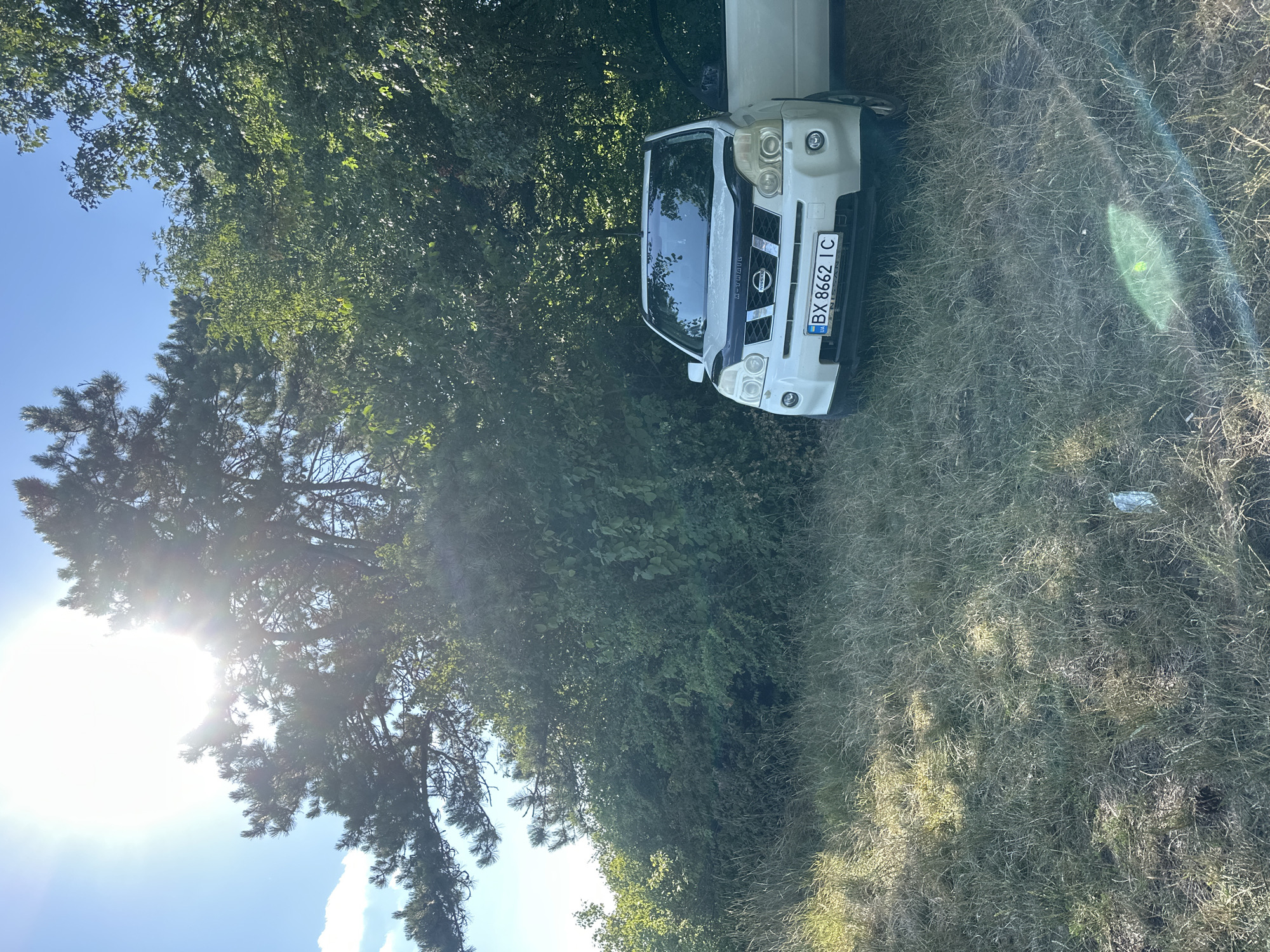 A white Nissan X-Trail SUV is parked on a grassy, unpaved area next to a dense line of green trees and bushes. The car has its driver's side door open. The license plate reads "BX 8662 IC". The sun is bright and high in the sky, casting light and shadows through the trees. The terrain is covered in dry grass and some scattered pine needles. The background consists of a dense forest. The scene appears to be located in or near the city of Pryvorottia Druhe, Ukraine.
