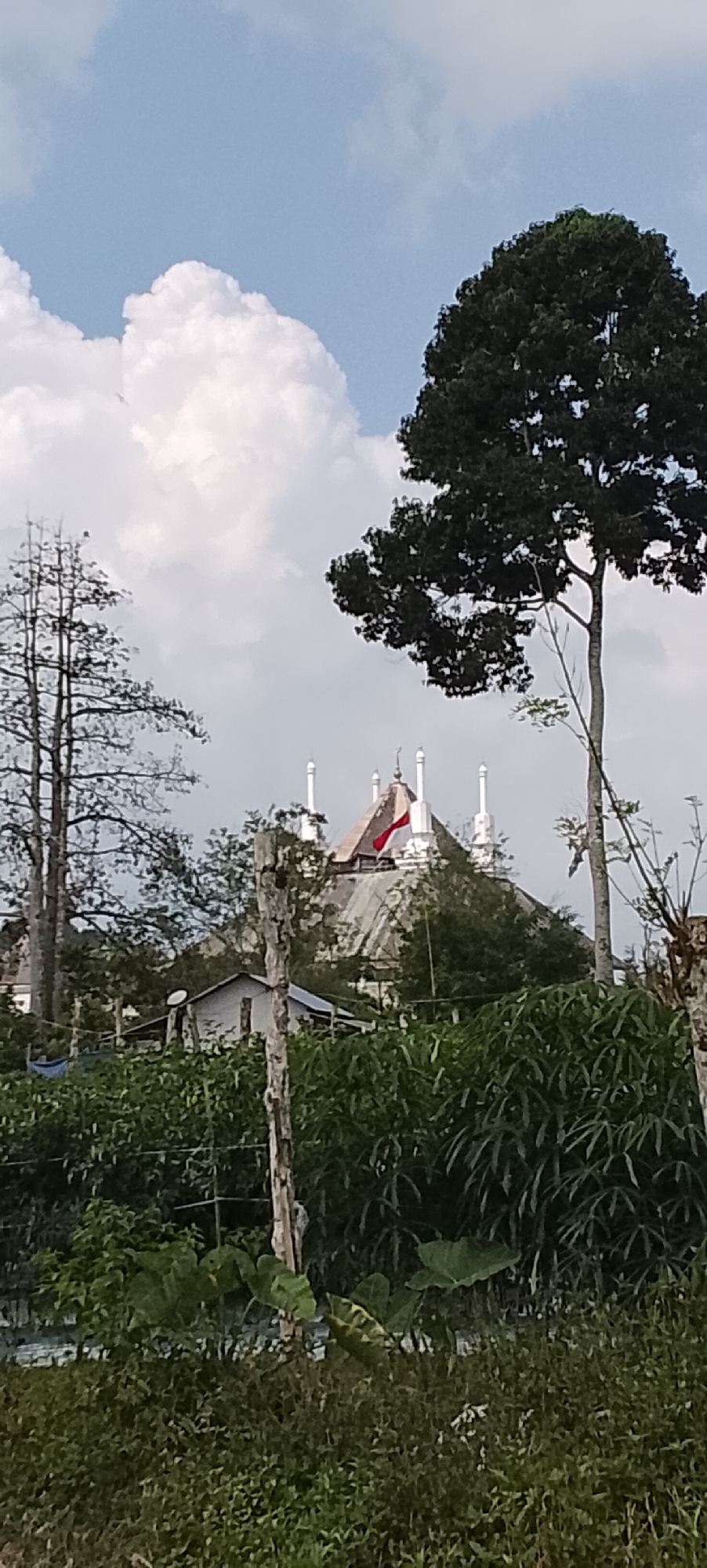 The image depicts a scene in the city of Padang Dalom, Indonesia. In the background, a building with multiple white minarets and a tiered, conical roof is visible. A red and white flag, likely the Indonesian flag, is draped over one of the roof sections. The building appears to be situated on a gentle incline, surrounded by trees and vegetation. In the foreground, dense green foliage and a weathered wooden post are prominent. The sky above is partly cloudy with patches of blue.