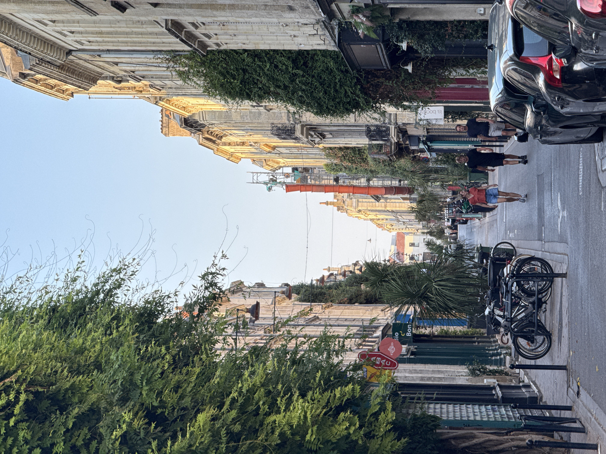 This is a photograph of a street in Bordeaux, France, likely taken in the late afternoon given the low-angle sunlight casting long shadows. The street is lined with tall, traditional Haussmannian-style buildings constructed of stone, with ornate cornices and balconies. Greenery cascades down the sides of some buildings, with large leafy trees and plants growing from planters and balconies. On the left side of the street, a dense wall of green foliage spills over the edge of a building, obscuring much of its facade.
The street itself is paved with asphalt and shows some wear. Several bicycles are parked in a rack on the left sidewalk, near the entrance to what appears to be a shop with signage in French. In the middle of the street, three individuals are walking away from the camera. The person in front is a woman wearing a red top and denim shorts. Behind her are two men in dark t-shirts and shorts. Further down the street, more people are visible, and the perspective suggests a relatively narrow thoroughfare.
Cars are parked along the right side of the street, with the rear of a dark colored SUV prominently in the foreground. The sky above is a clear, pale blue, indicating fair weather. The overall impression is of a vibrant urban environment in a historic European city, with a blend of architecture, nature, and everyday activity.